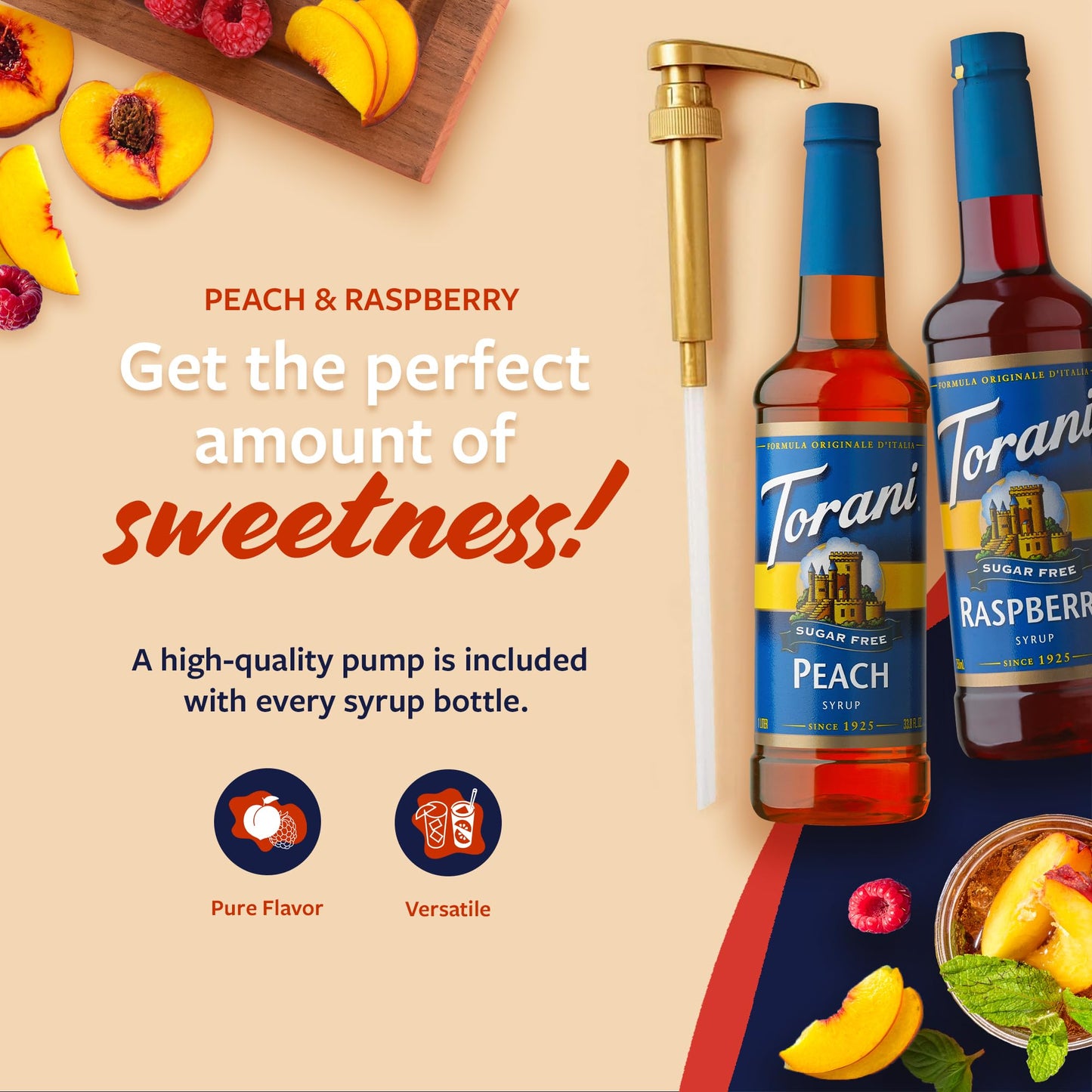 Torani Sugar Free Raspberry Syrup And Sugar Free Peach Syrup Variety 2-Pack, Flavored Syrups For Drinks, Pumps Included, 25.4 Fl