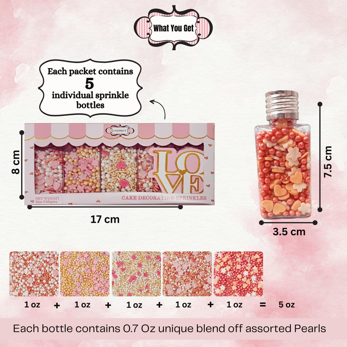Confect Valentines Day Edible Sprinkles Mix - Gold, White & Pink Pearls With Stars & Hearts - Decorative Baking Sprinkles For Ca