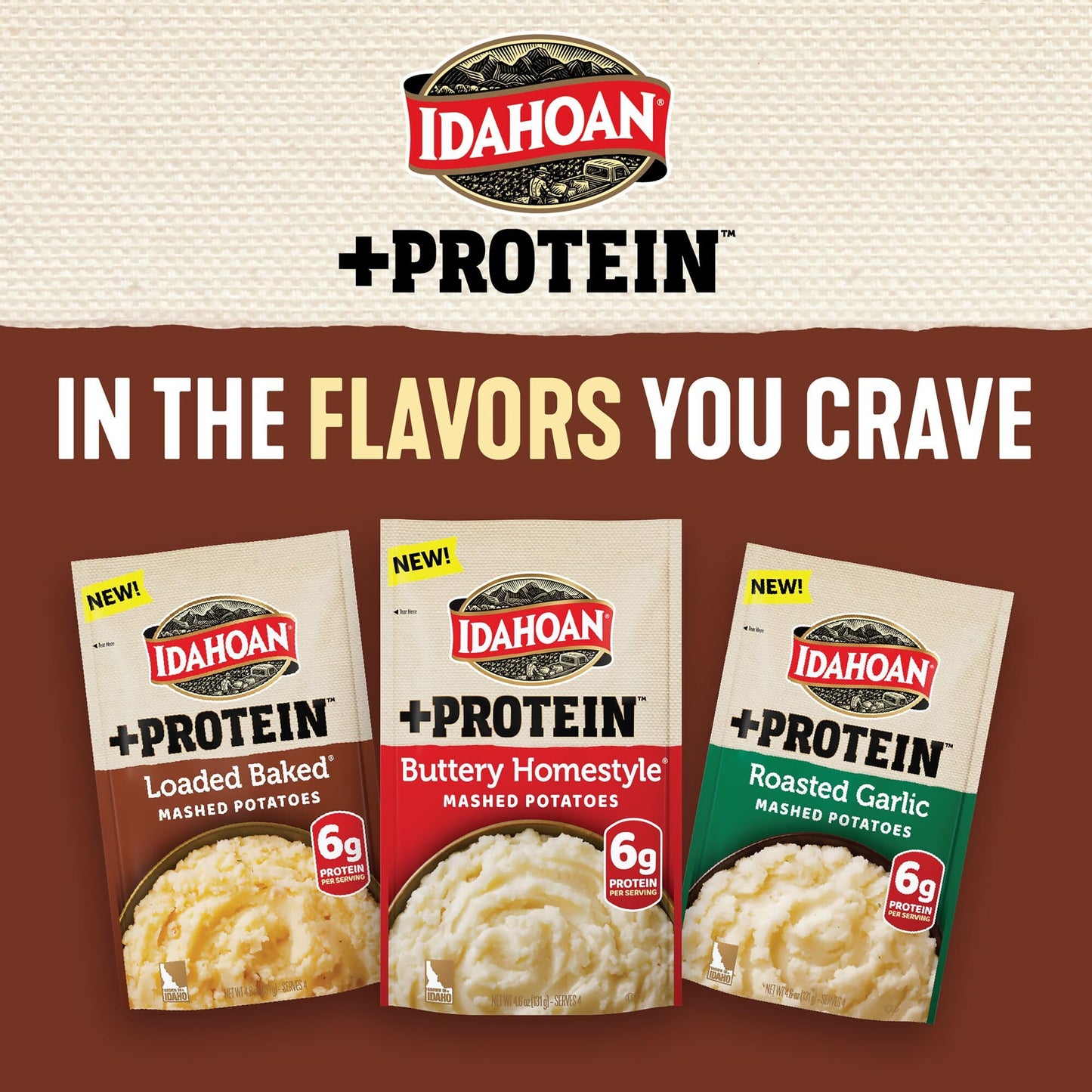 Idahoan Loaded Baked +Protein Mashed Potatoes, Naturally Gluten-Free, 100% Real Idaho Potatoes, 4 servings per bag, 4.6 ounce (P