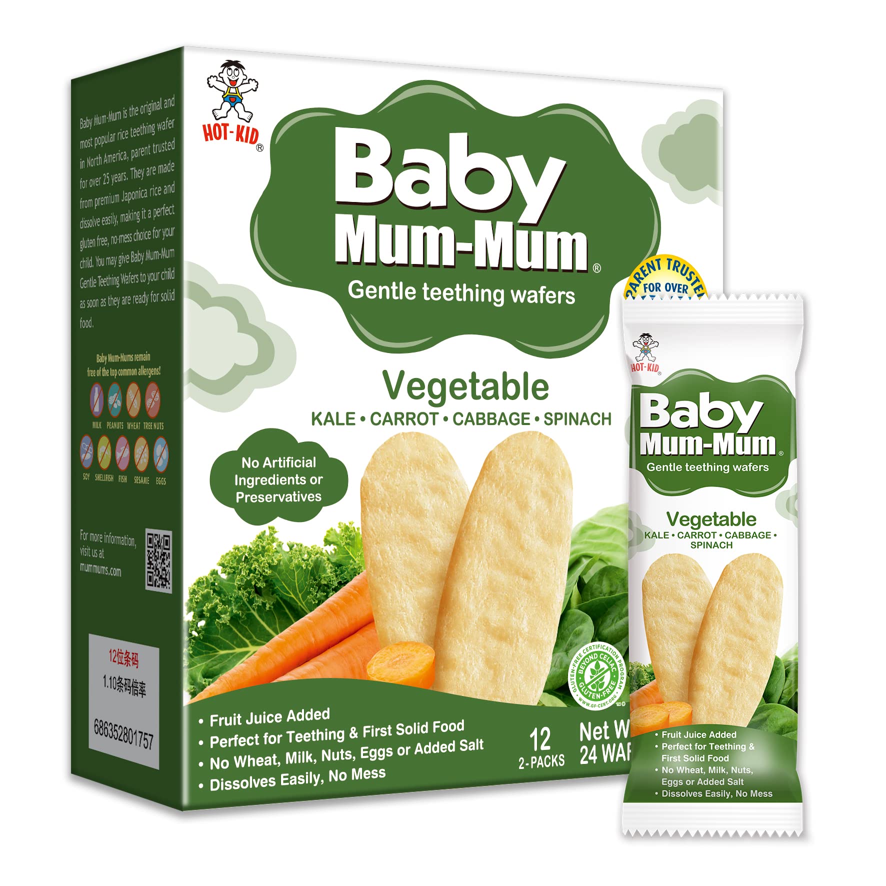Hot-Kid Baby Mum-Mum Rice Rusks, Vegetable, 24 Pieces (Pack Of 6) Gluten Free, Allergen Free, Non-Gmo, Rice Teether Cookie For T