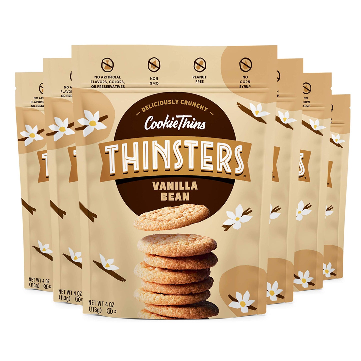 THINSTERS Cookie Thins Cookies, Vanilla Bean, 4oz (Pack Of 6), Non-GMO, Peanut Free, No Corn Syrup, Crunchy Cookies, No Artifici