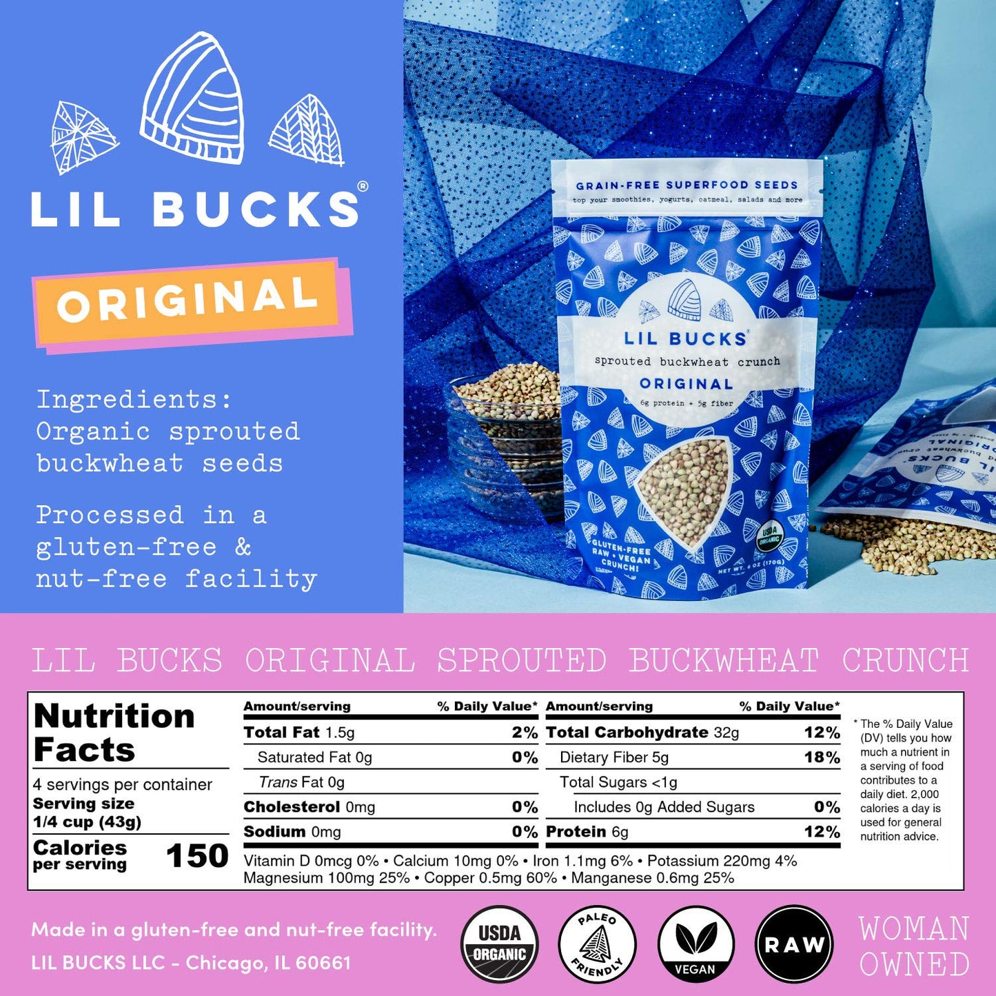 Lil Bucks Paleo Cereal - Sprouted Buckwheat Groats, Gluten Free Granola (Original, 3 Pack)
