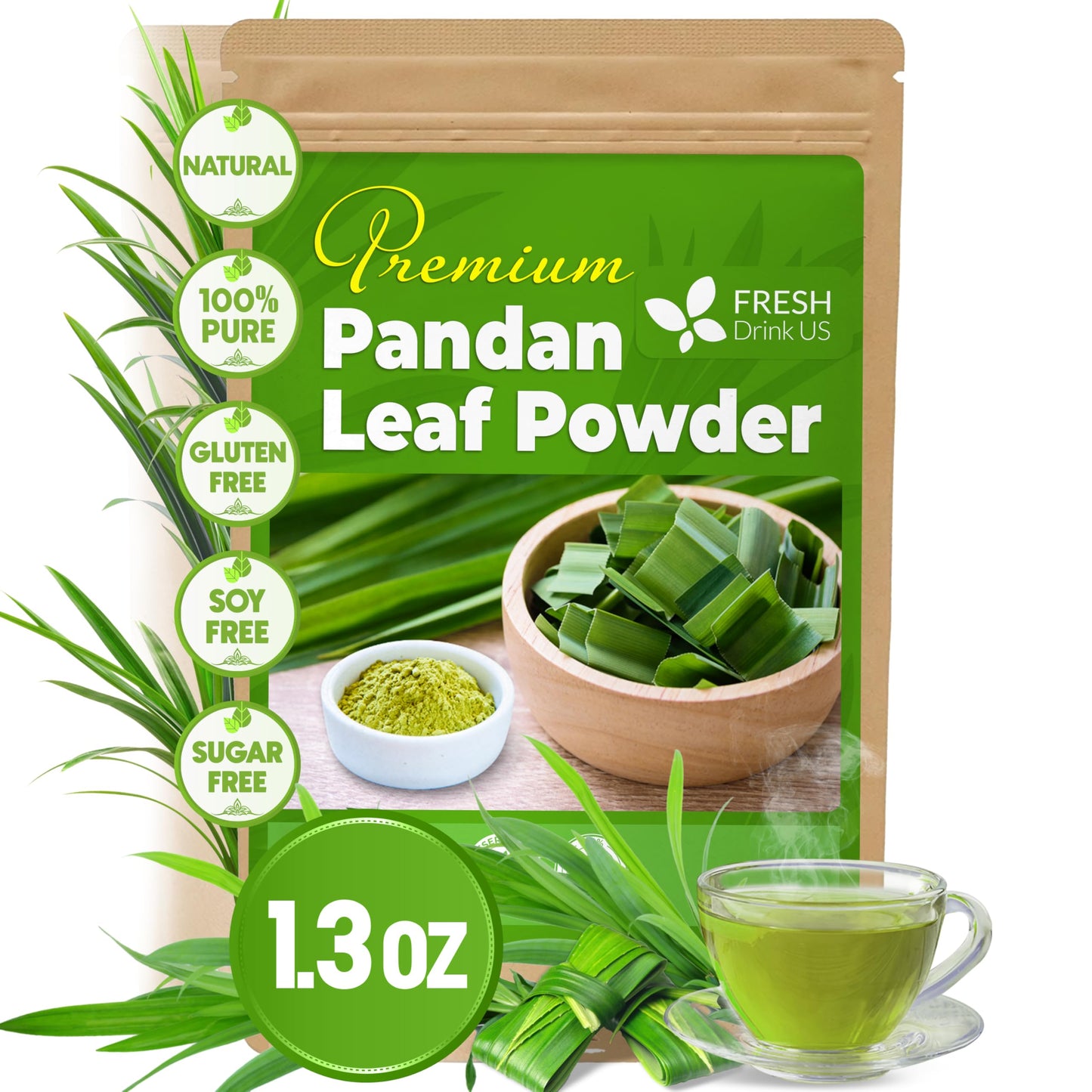 FRESHDRINKUS Premium Pandan Leaf Powder, 100% Natural, 1.3oz, Vegan, No Additives, Green Food Coloring