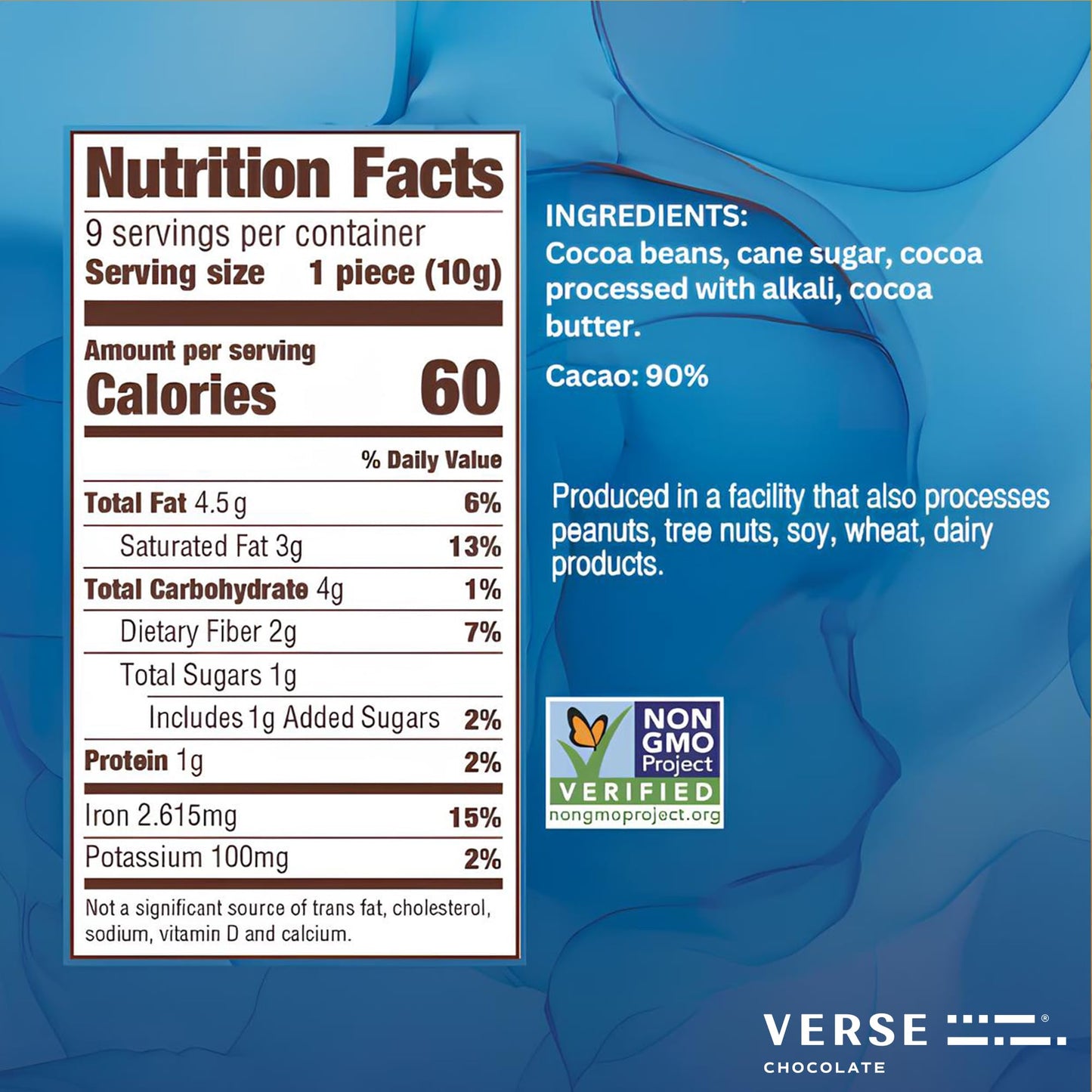Verse 90% Dark Chocolate Squares - Only 1g Cane Sugar - Creamy Dark Cocoa - Individually Wrapped Cacao Chocolate Squares (9 Count  2 Pack)