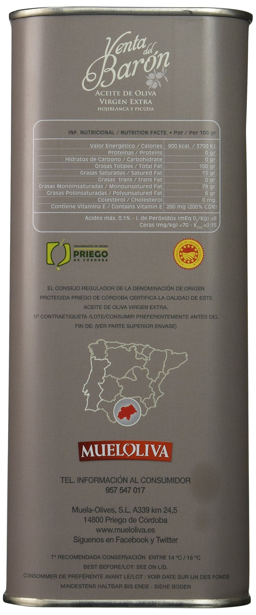 Venta Del Baron 2019 Harvest Spanish Extra Virgin Olive Oil - 2.5 Liter / 84.5 Ounce Tin
