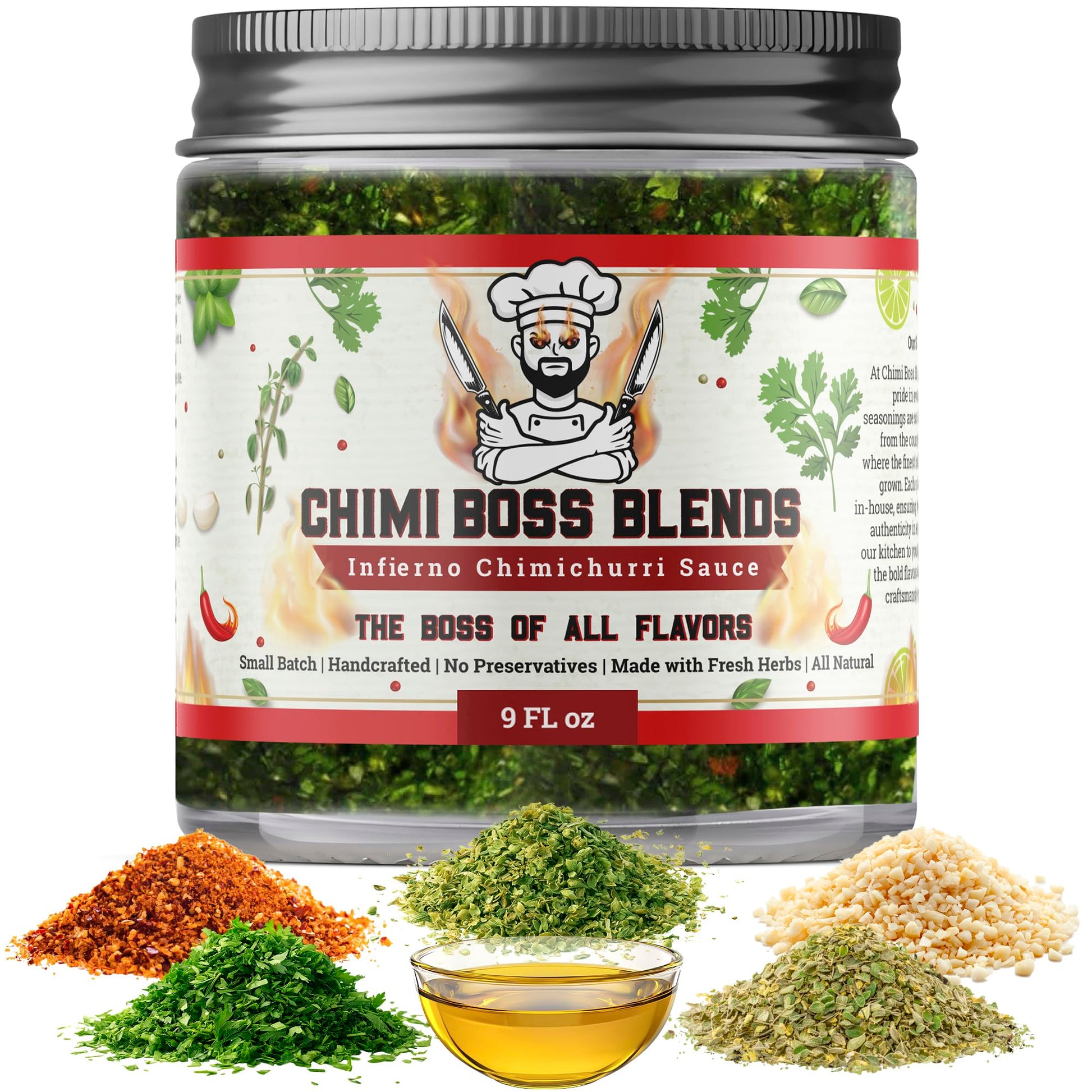 Chimi Boss Infierno Chimichurri Sauce, 9 fl oz - Spicy Argentinian Green Sauce with Fresh Parsley, Garlic, Oregano & Chili - All