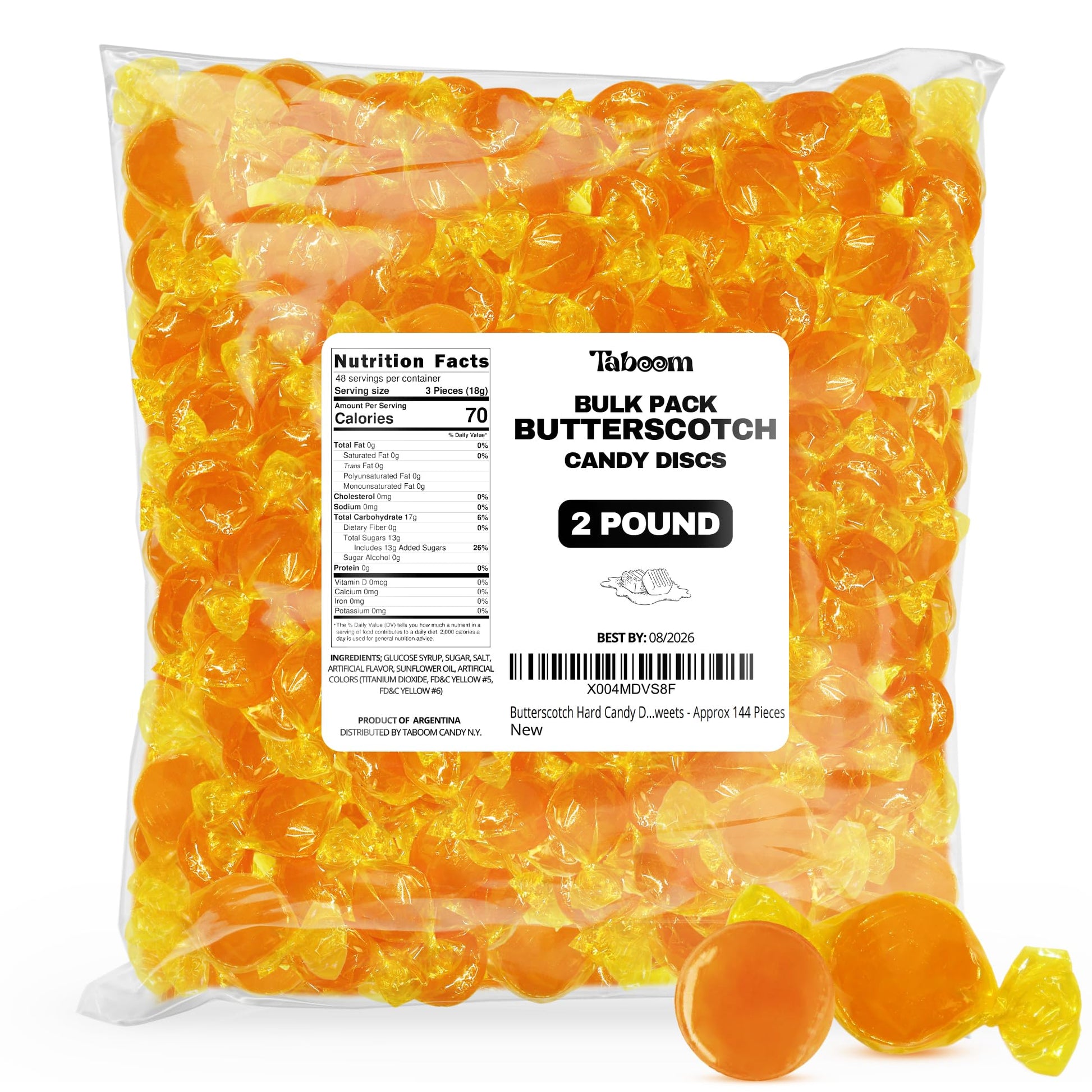 Taboom Butterscotch Hard Candy Discs - Individually Wrapped, 2lb Bulk, Approx 144 Pieces, Perfect for Party Favors and Office Treats