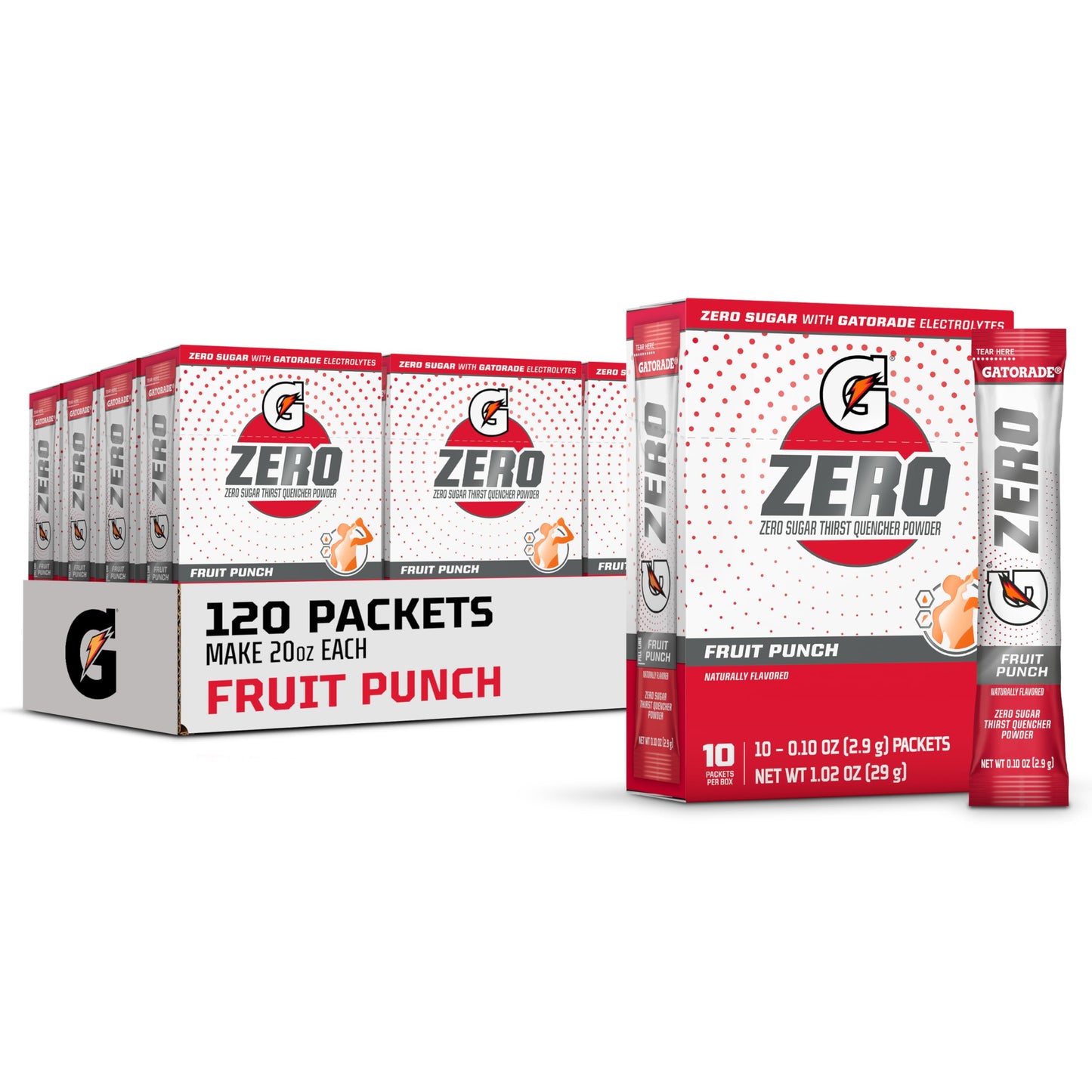 Gatorade G Zero Sports Drink Mix Powder Packets, Fruit Punch, Electrolyte Powder Drink Mix for Hydration, Zero Sugar, Total 120 
