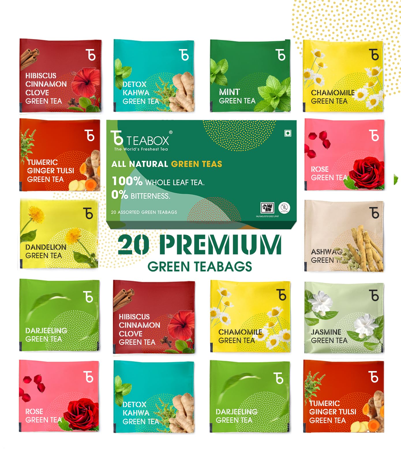 Teabox Green Tea Sampler Bags | 100% Natural I Immunity Boosting Sampler Pack | Usda Certified Organic Green Tea (20 Count (Pack Of 1))