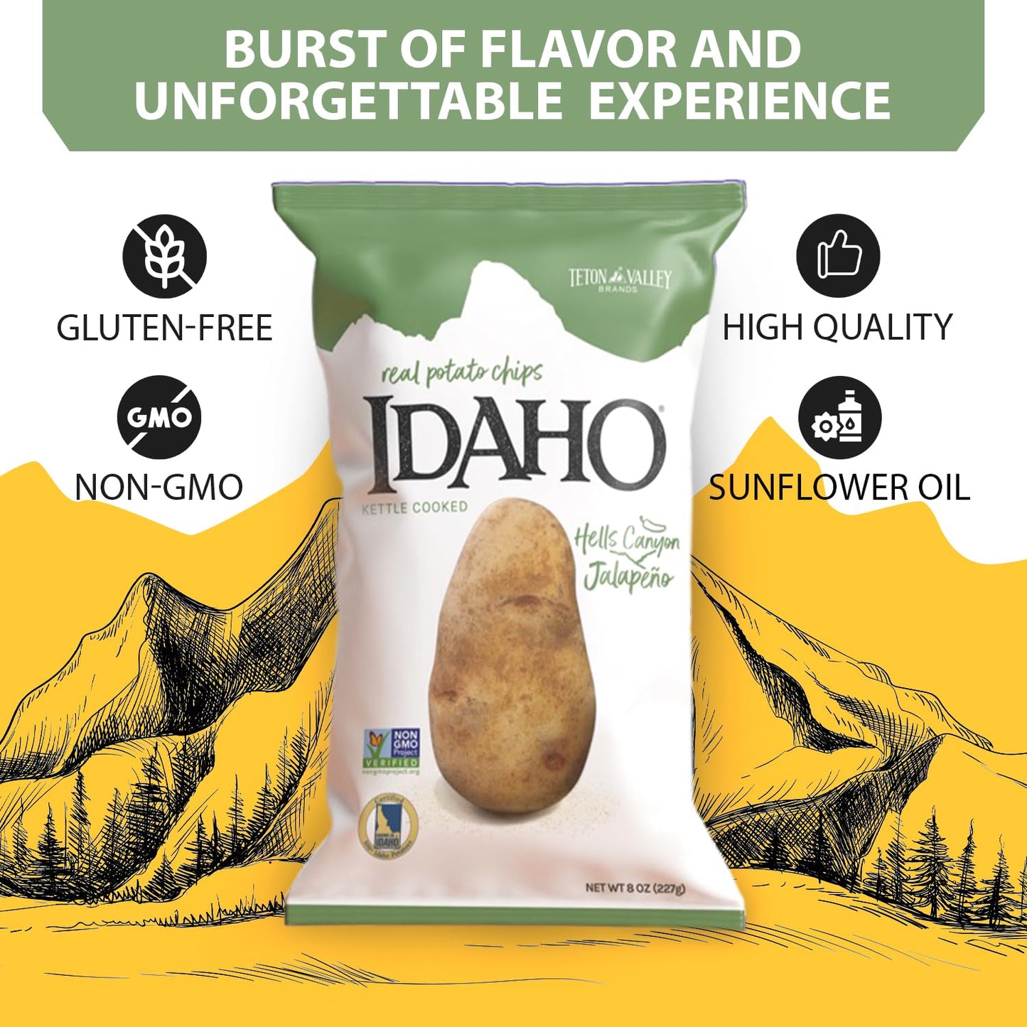 Teton Valley Brands Kettle Cooked Jalapeno Potato Chips - Non-GMO - 7 Oz (Pack of 6)