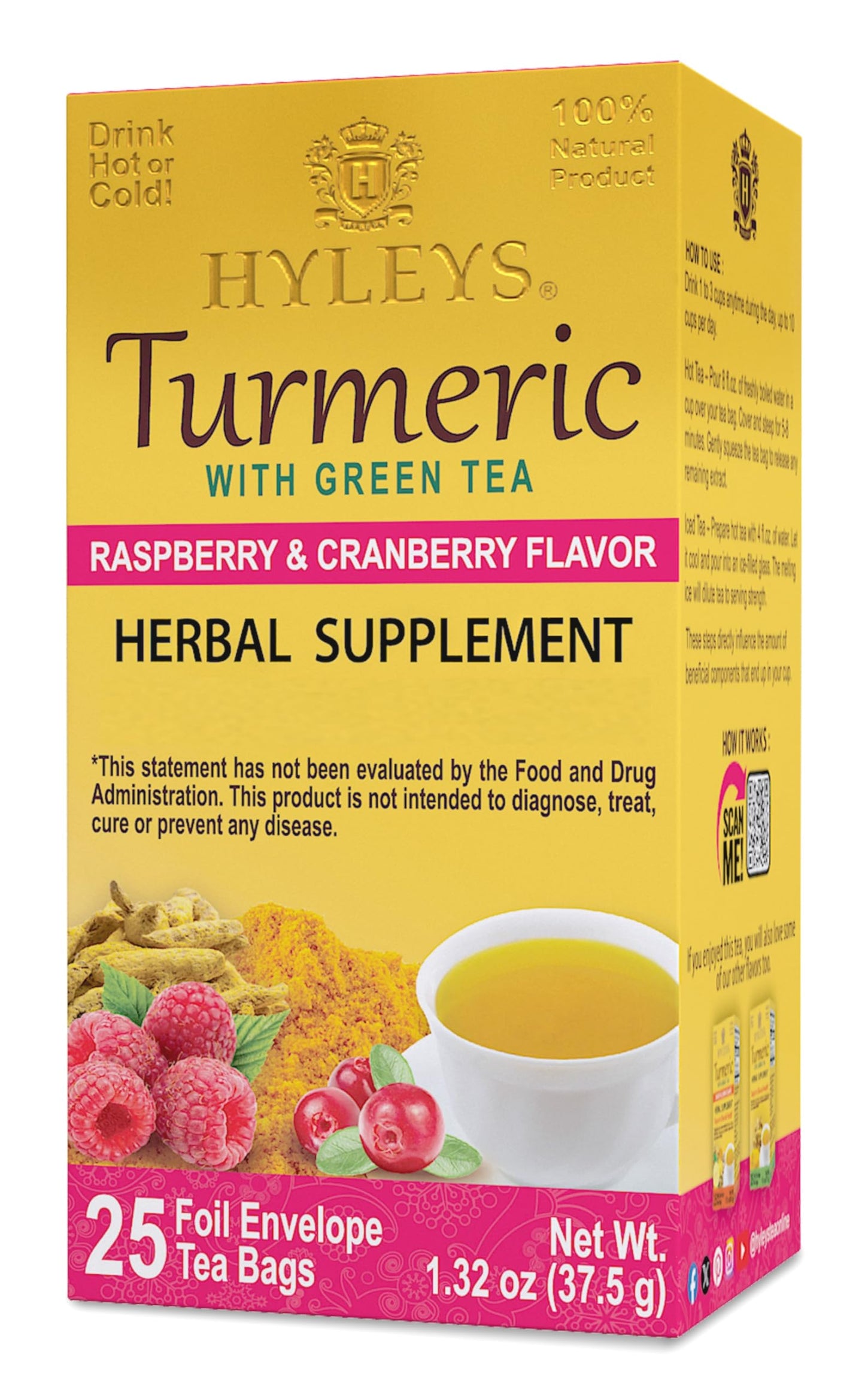HYLEYS Turmeric Green Tea with Raspberry & Cranberry - 25 Tea Bags, GMO Free, Gluten Free, Dairy Free, Sugar Free, 100% Natural