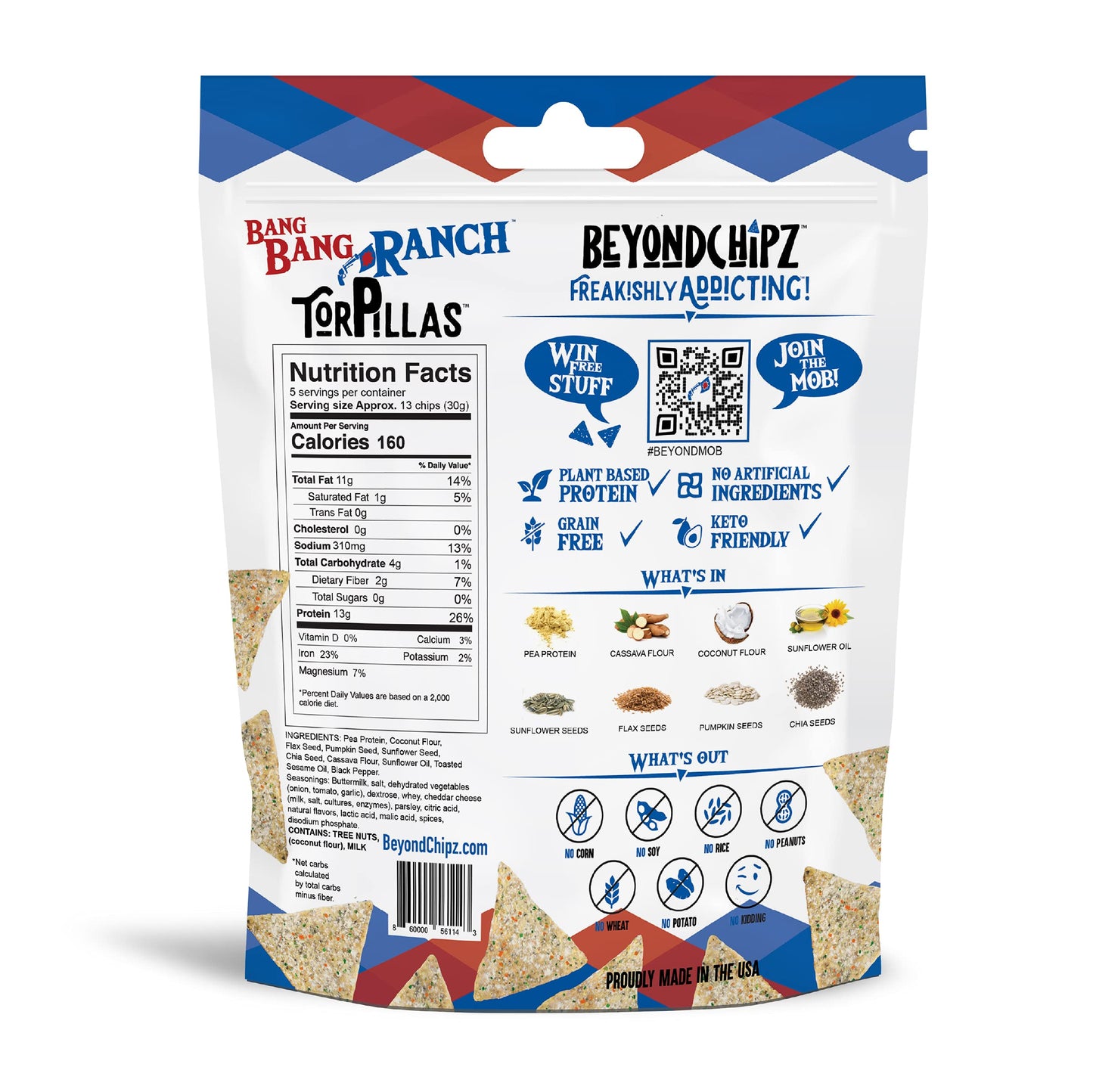 BeyondChipz Keto Tortilla Chips, Low Carb, 2g Net Carbs, 13g Pea Protein, Bang Bang Ranch Flavor, 5.3oz Bag, Gluten Free, Grain