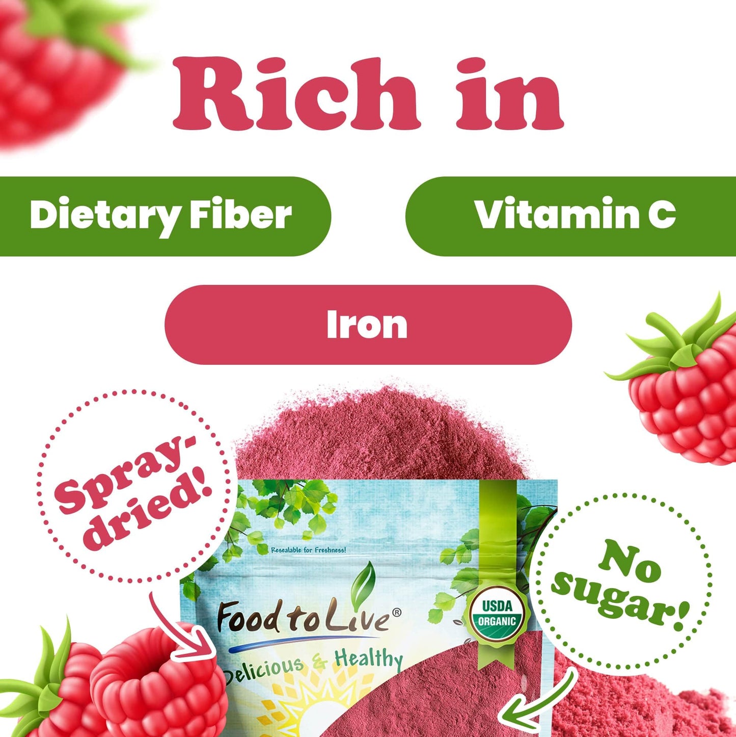 Food to Live Organic Raspberry Powder, 8 Pounds - Non-GMO, Raw, Vegan Superfood, Bulk, Rich in Essential Amino, Fatty Acids, & M