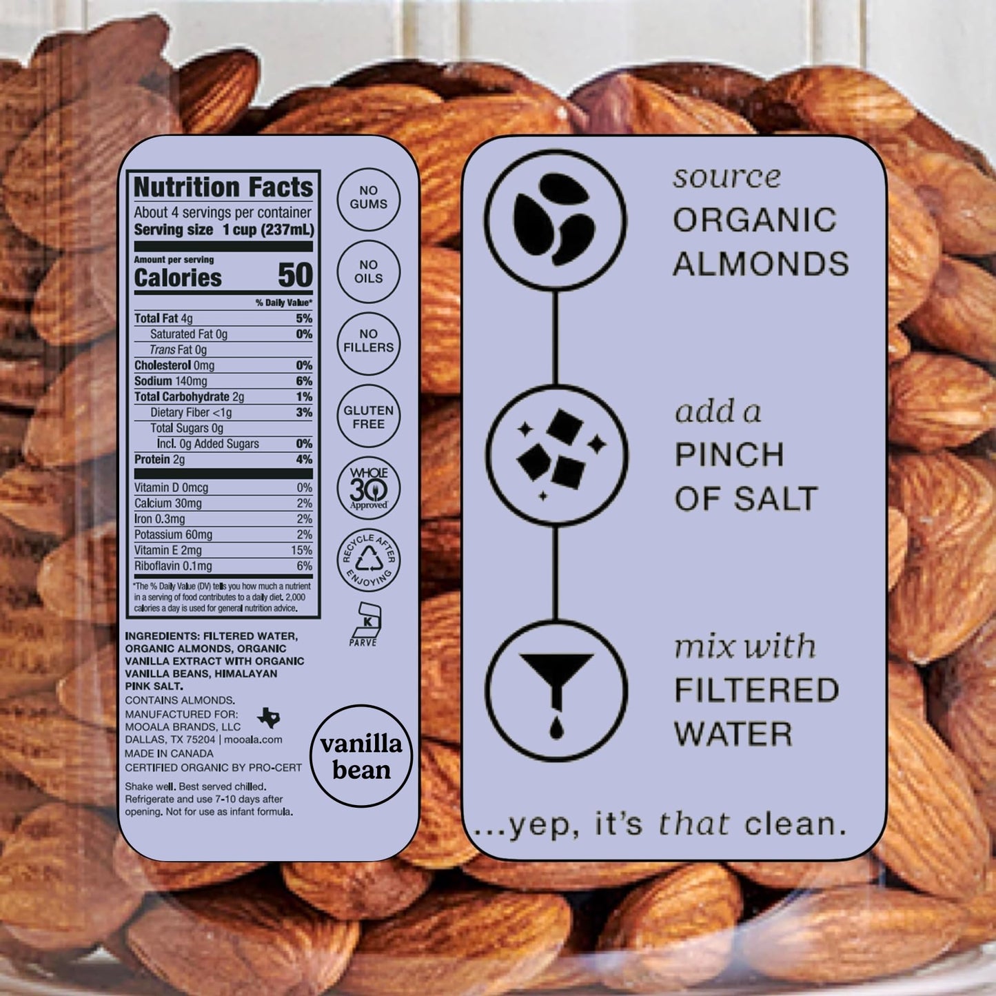 Mooala Organic Simple Almond Milk Vanilla, 32oz - 4 Ingredient, Shelf Stable, No Gums, No Oils, No Fillers, Unsweetened, Non-GMO