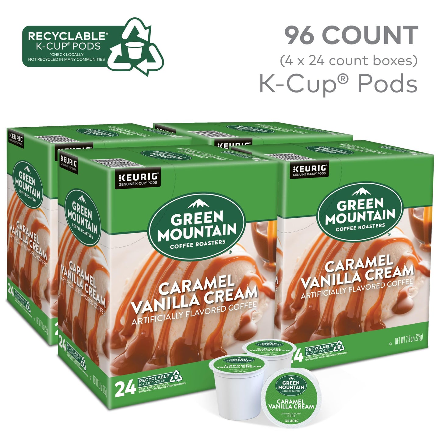 Green Mountain Coffee Roasters Caramel Vanilla Cream Coffee, Keurig Single-Serve K-Cup Pods, Light Roast, 96 Count (4 Packs Of 2