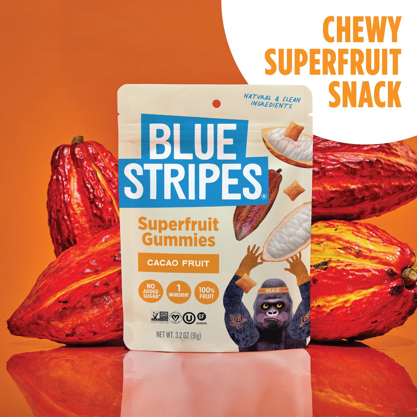 Blue Stripes Cacao Superfruit Gummies - Vegan Chewy Fruity Snack, No Sugar Added 100% Fruit Gummy, 9 Essential Vitamins & Minera