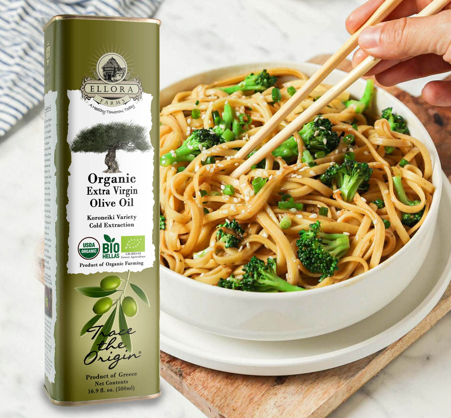 Ellora Farms Usda Organic Greek Extra Virgin Olive Oil, Traceable Olive Oil, First Cold Press, Single Origin, Kosher, 17 Oz. Tin