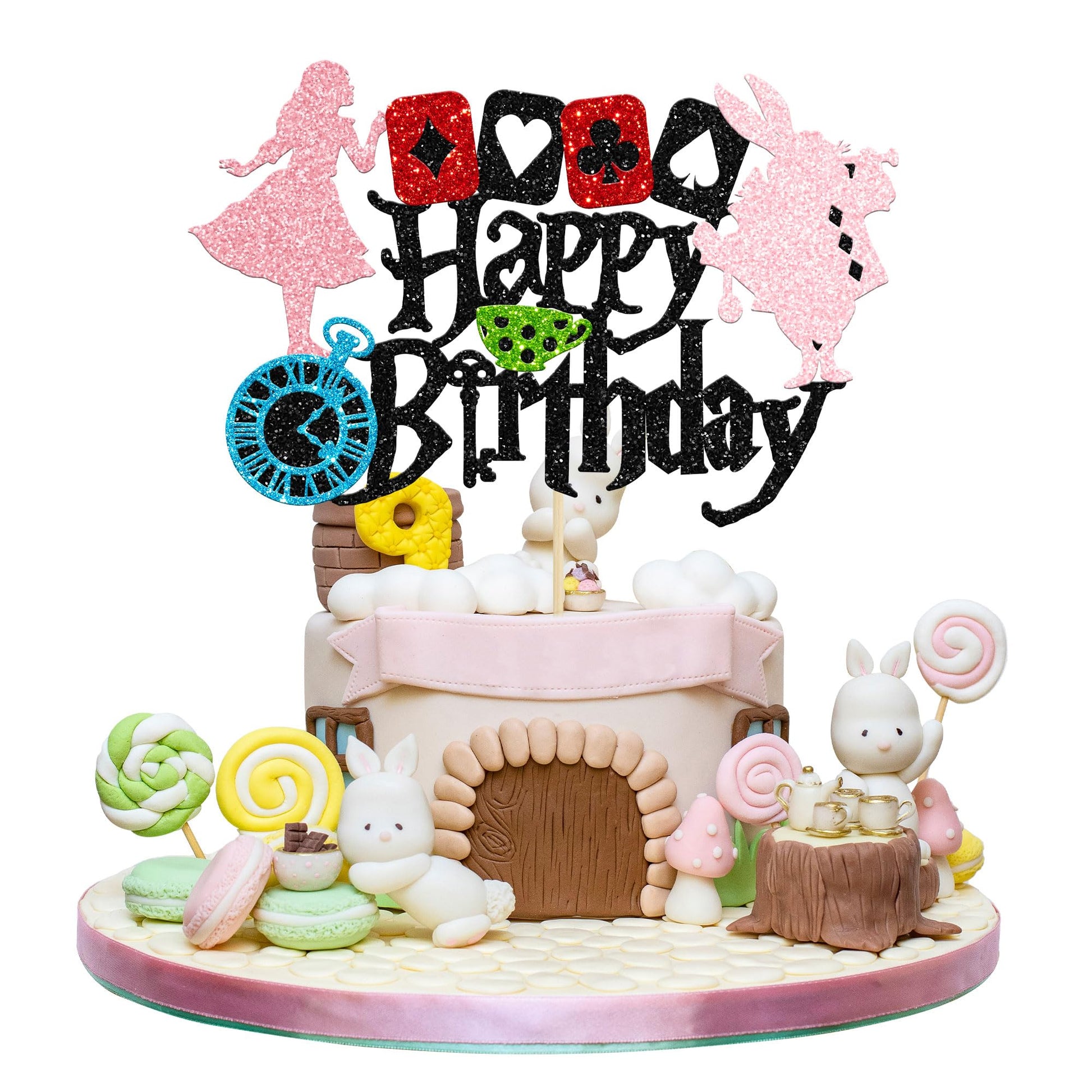 Gyufise Cake Topper - Alice in Wonderland Black Glitter Paper, Small Size, Kids Birthday, Baby Shower, Tea Party Decorations