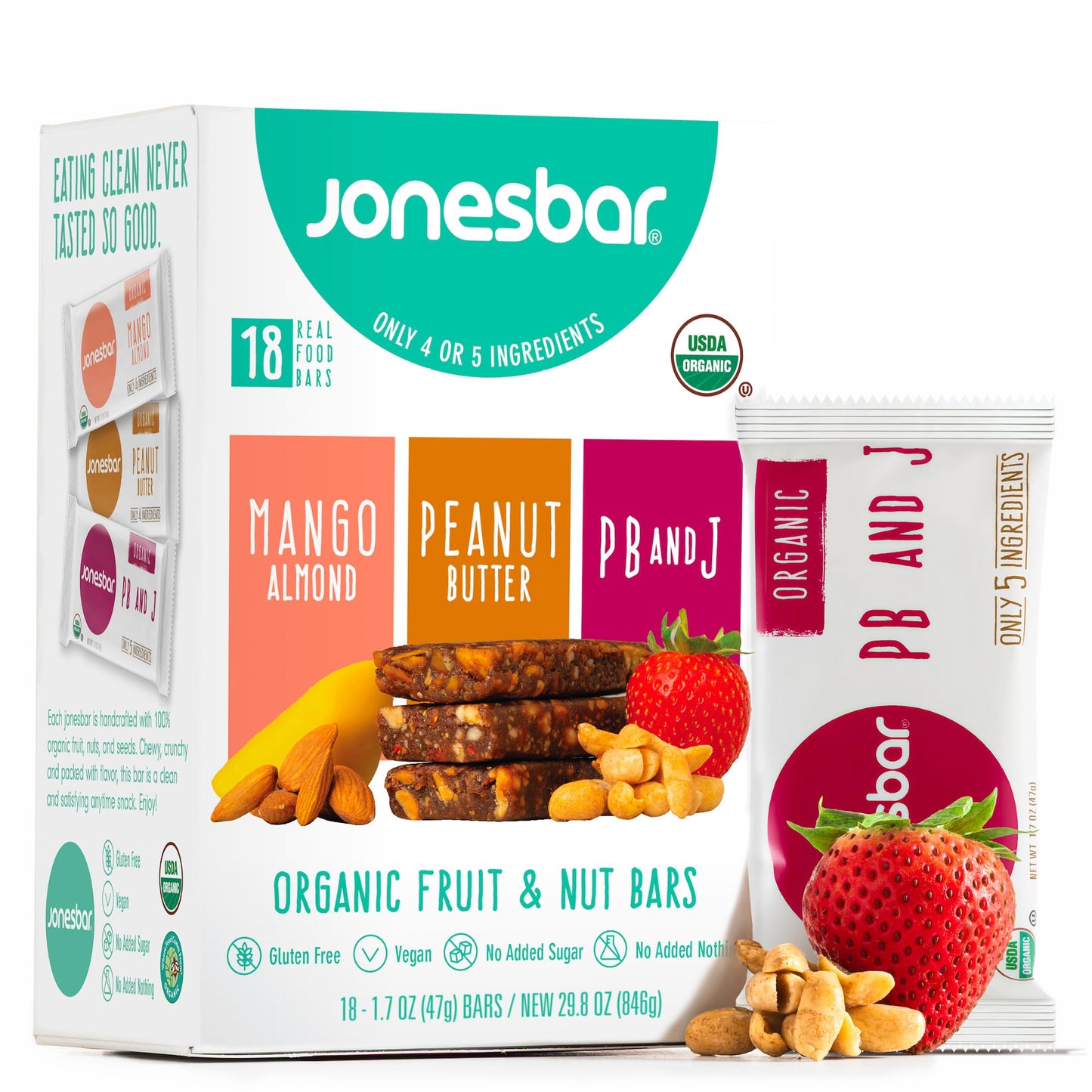 JONESBAR Organic Plant Based Protein Bars, 18 Count Variety Pack, Gluten Free, Vegan Snack for Adults and Kids