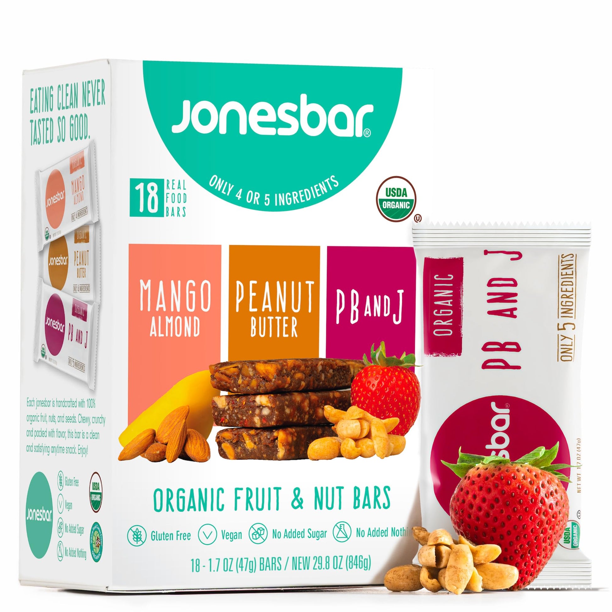 JONESBAR Organic Plant Based Protein Bars, 18 Count Variety Pack, Gluten Free, Vegan Snack for Adults and Kids