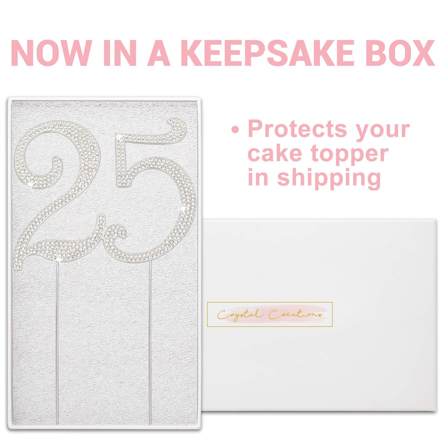 Crystal Creations 25 Cake Topper - Premium Silver Metal Decoration, Rhinestone Centerpiece, 1 Count, 25th Birthday/Anniversary