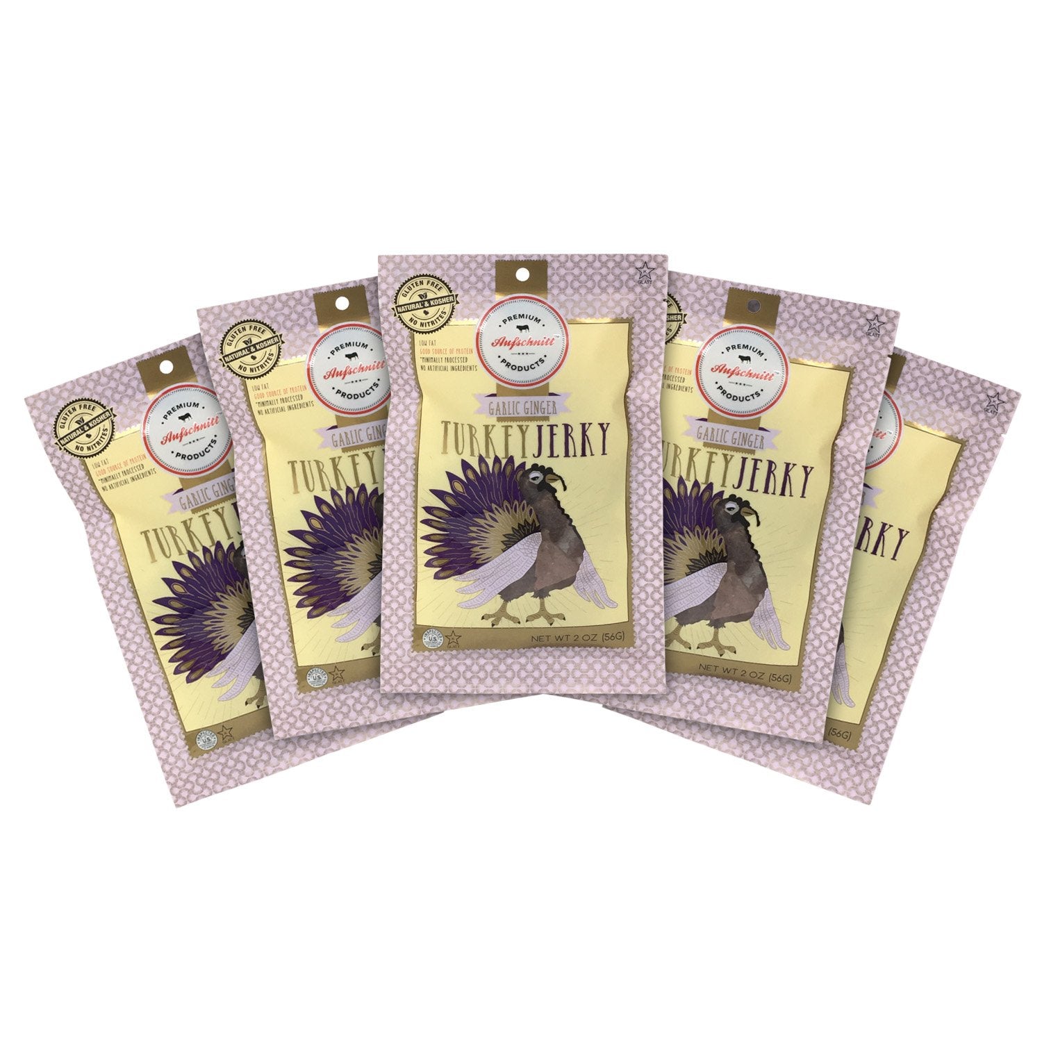 Aufschnitt Turkey Jerky For People - Certified Kosher, Gluten Free, No Nitrites, Paleo Snack - 5 Pack, 2 Oz Each - Ginger Garlic