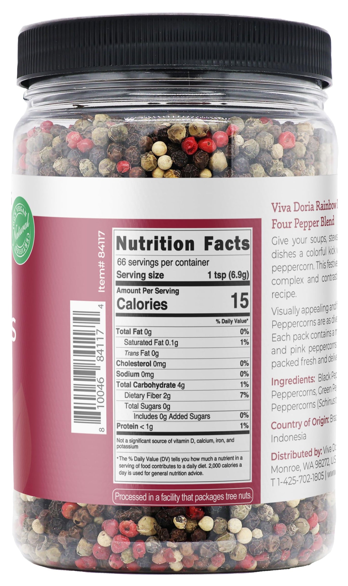 Viva Doria Rainbow Blend Peppercorn, Steam Sterilized Whole Black/Green Pepper, Whole Pink/White Pepper, 16 Oz, For Grinder Refi