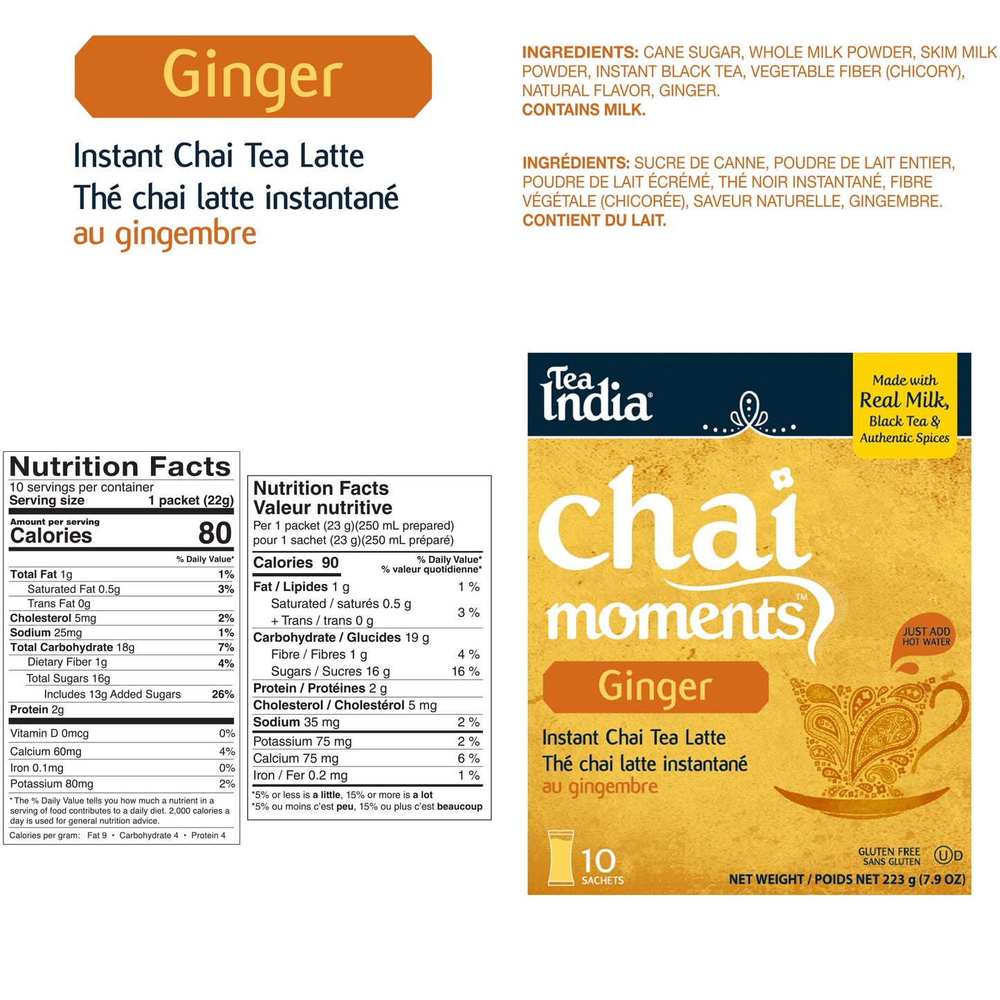 Tea India Ginger Chai Instant Latte Mix - 10 Sachets Pack of 6, Premium Black Tea, Natural Ingredients