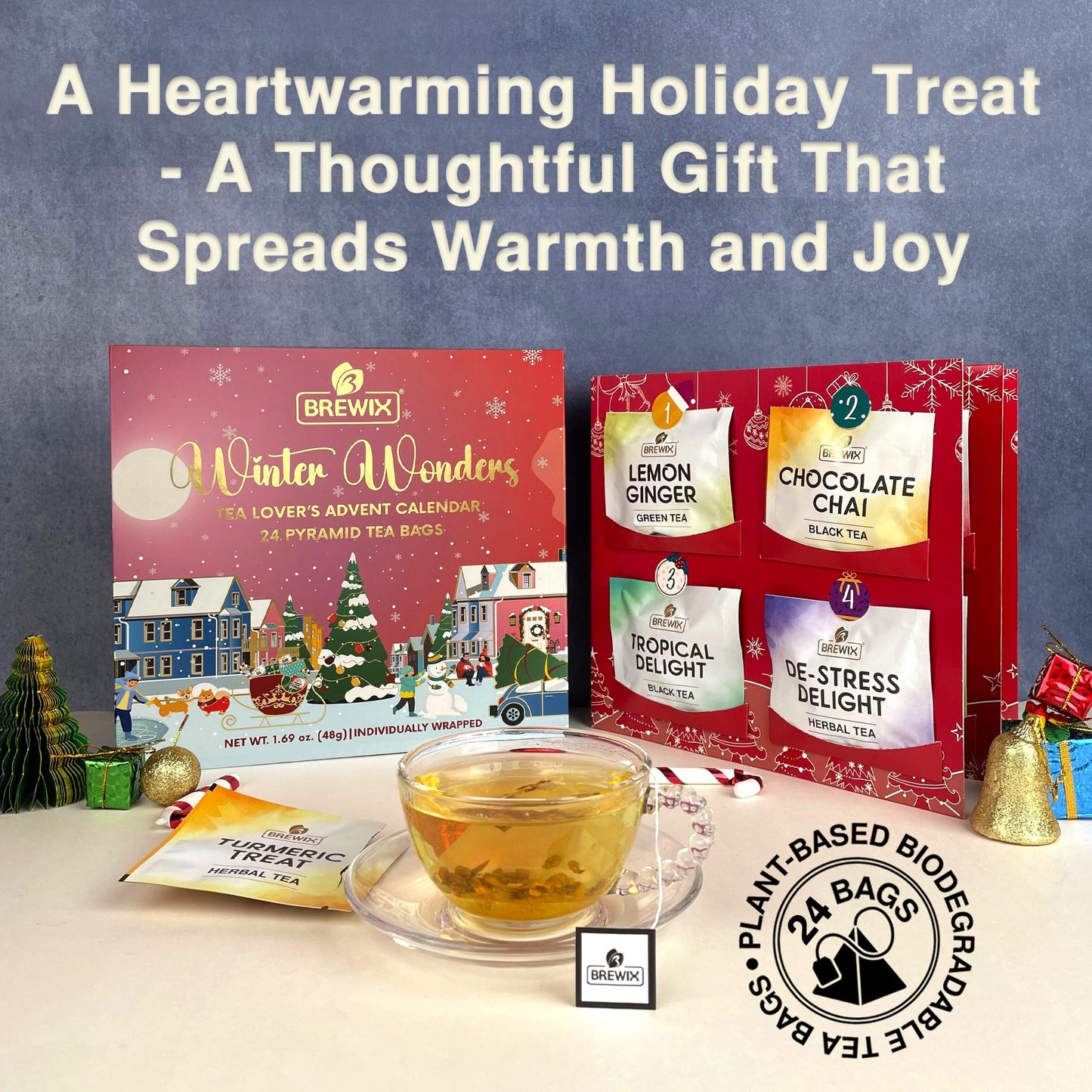Brewix, Tea Advent Calendar 2024 | 24 Pyramid Tea Bags - Luxury Gift Box | Selection Of 24 Delightful Black/Green Teas And Infus