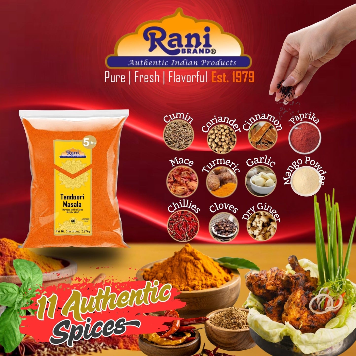 Rani Tandoori Masala (Natural, No Colors Added) Indian 11-Spice Blend 80Oz (5Lbs) 2.27Kg Bulk ~ Salt Free | Vegan | Gluten Frien