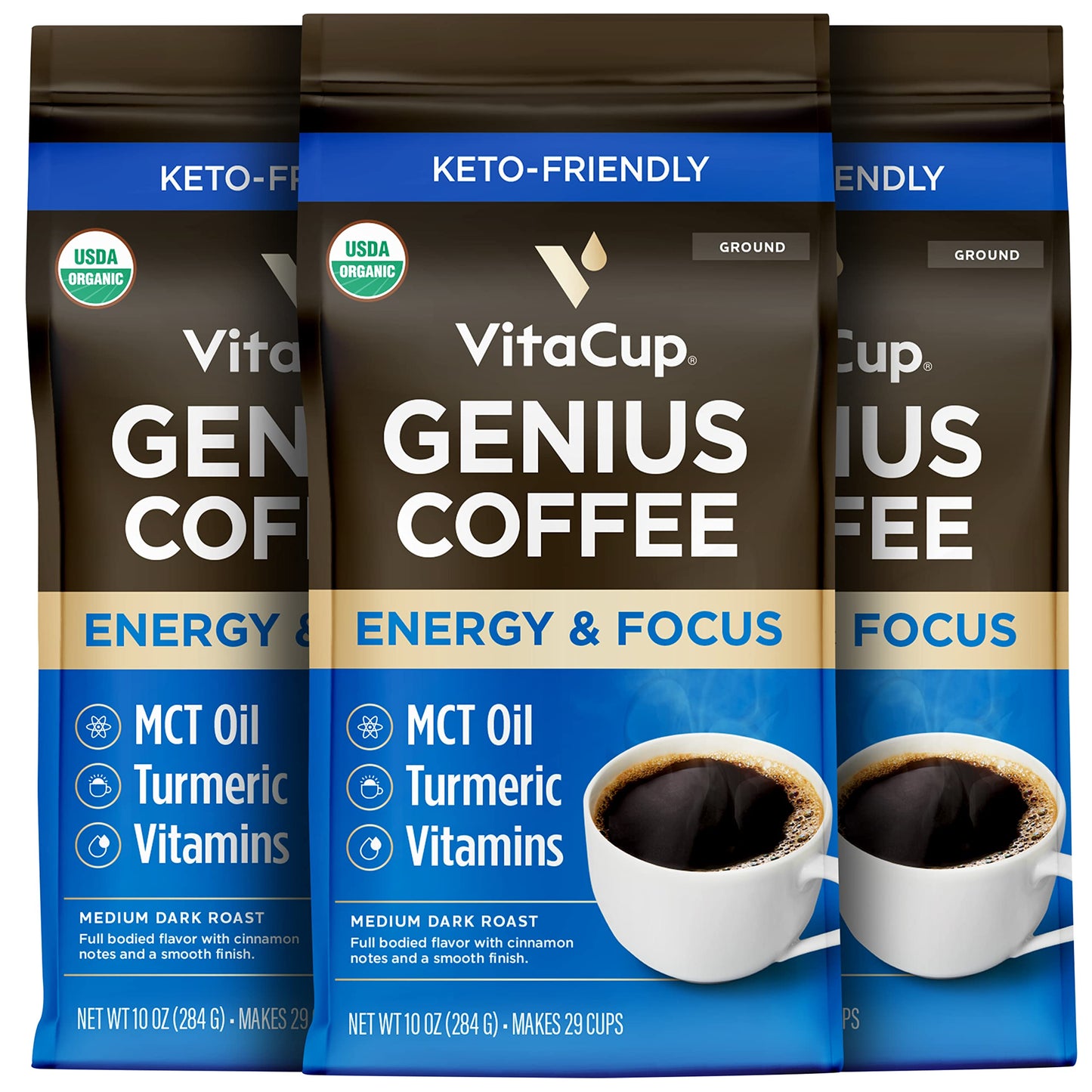 VitaCup Organic Ground Keto Coffee with MCT Oil, Turmeric & B Vitamins, Medium Dark Roast, 10 oz (Pack of 3)