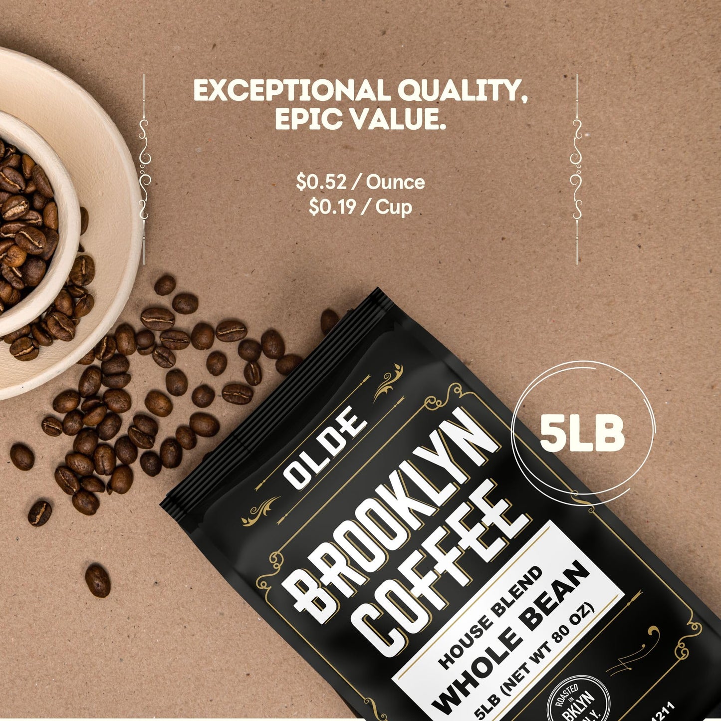 Brooklyn Coffee Whole Bean, House Blend Medium Roast (5Lb) Balanced, Breakfast, Classic - Fresh Bulk Coffee Beans Roasted Weekly
