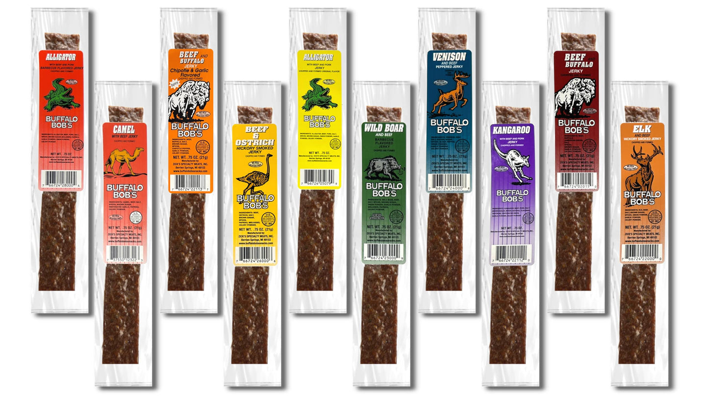 Buffalo Bob's Exotic Jerky Assortment - 10 Flavor Variety Pack - Wild Game Jerky, Snack for Adventure Enthusiasts, Stocking Stuf