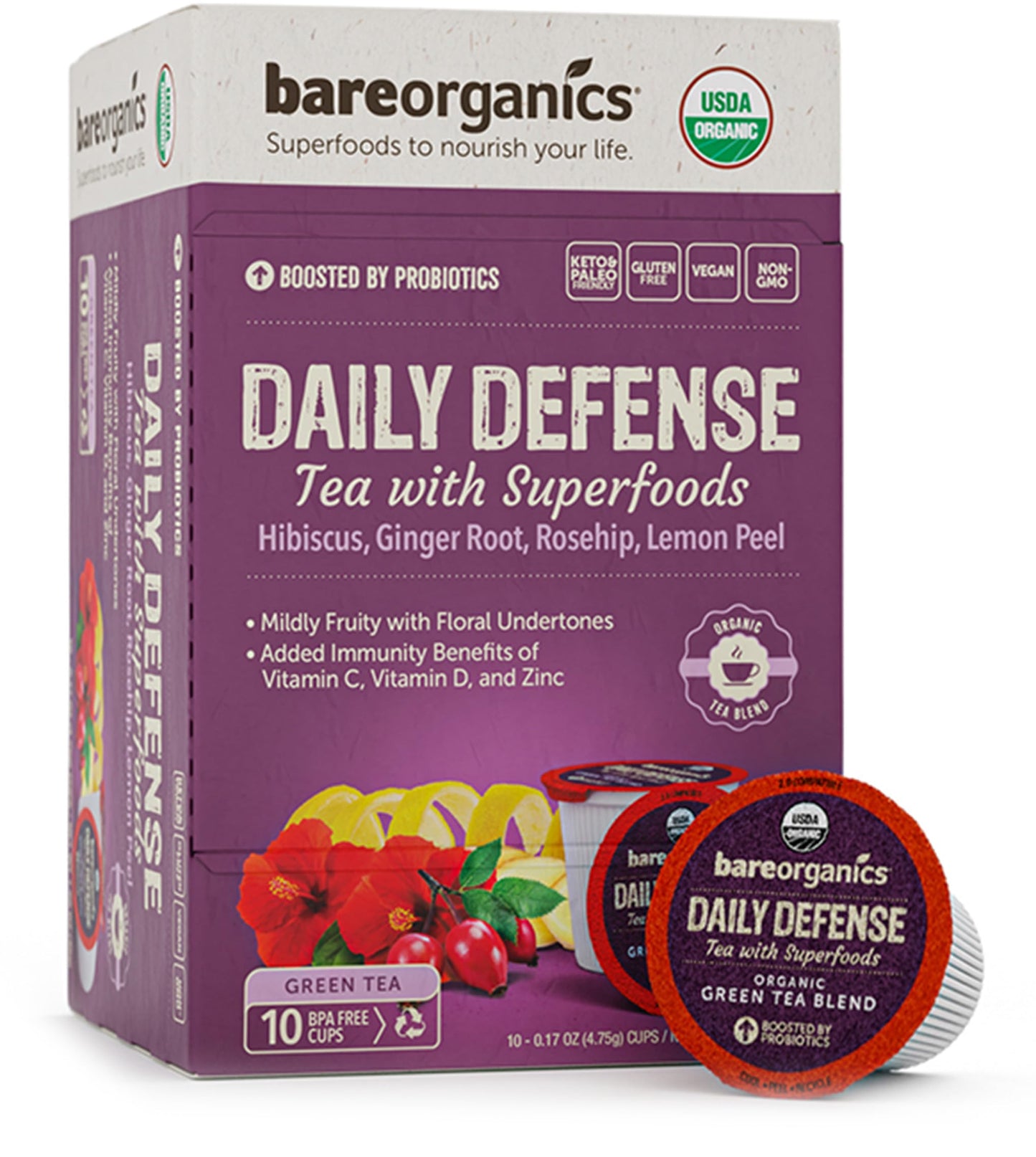 BareOrganics DAILY DEFENSE TEA (Organic) with superfoods and Probiotics  10ct single serve Cups