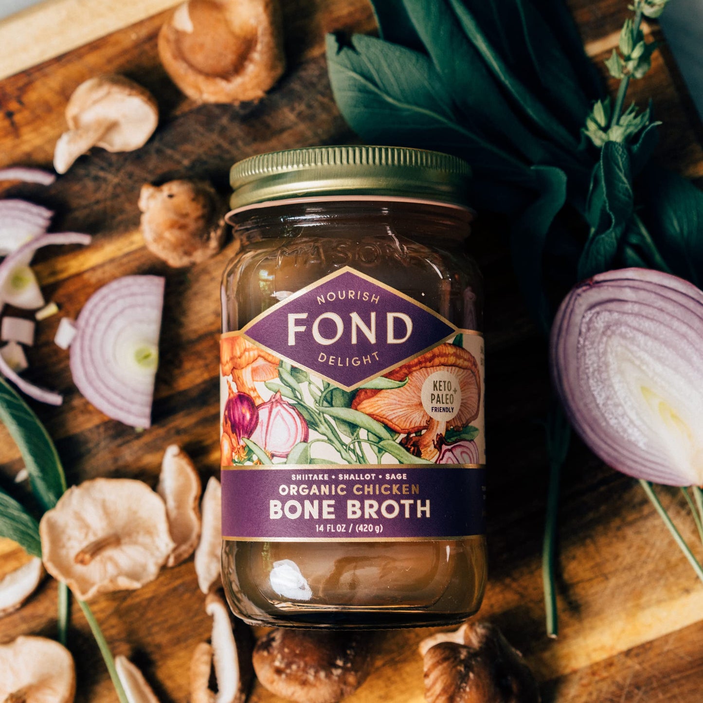 FOND Regenerative Pasture-Raised Chicken Bone Broth Infused with Organic Shiitake & Sage - Slow-Simmered Chicken Broth for Rich