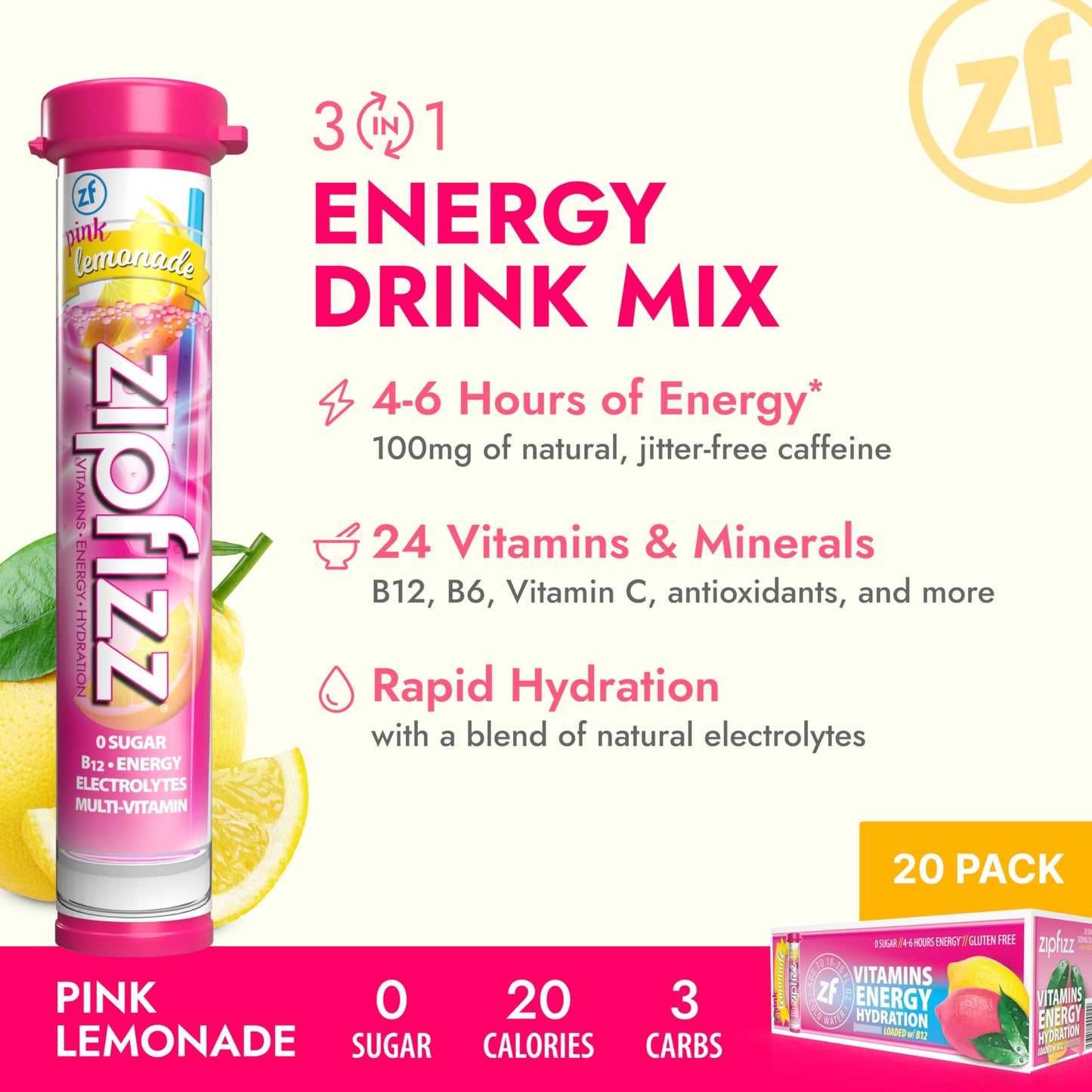 Zipfizz Daily Energy Drink Powder, Sugar-Free, Electrolyte Powder, 12 Pack, 0.39 Ounce Each, Pink Lemonade, Model 12PINK