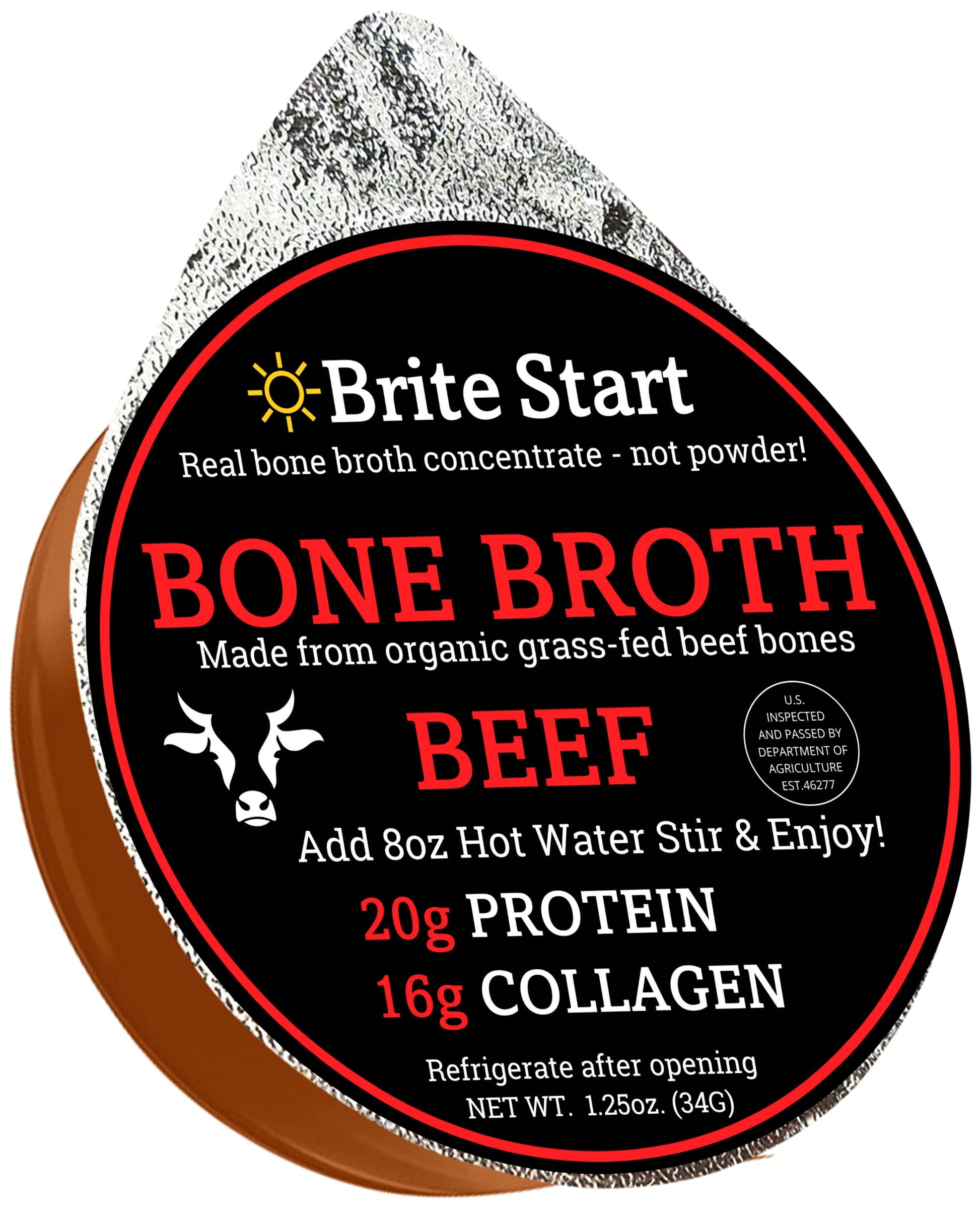 Brite Start Bone Broth - Beef Bone Broth - 12 Count - Keto Friendly Concentrate Packed With 16G Collagen  20G Paleo Protein -Made From Grass Fed Beef Bones- Single Serve Packets