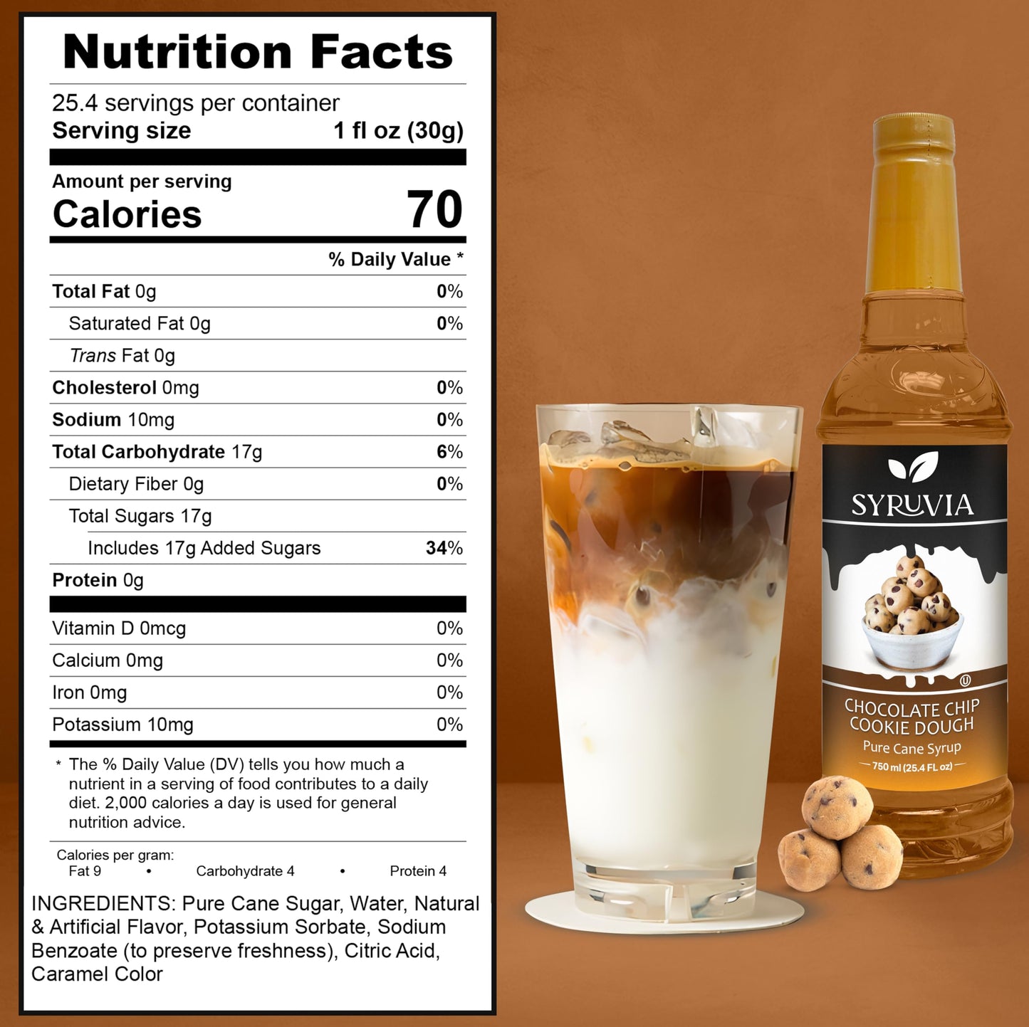 Syruvia Chocolate Chip Cookie Dough Syrup - Chocolate Chip Cookie Dough Coffee Syrup Flavor, 25.4 Fl Oz, Kosher, Gluten Free, Pe