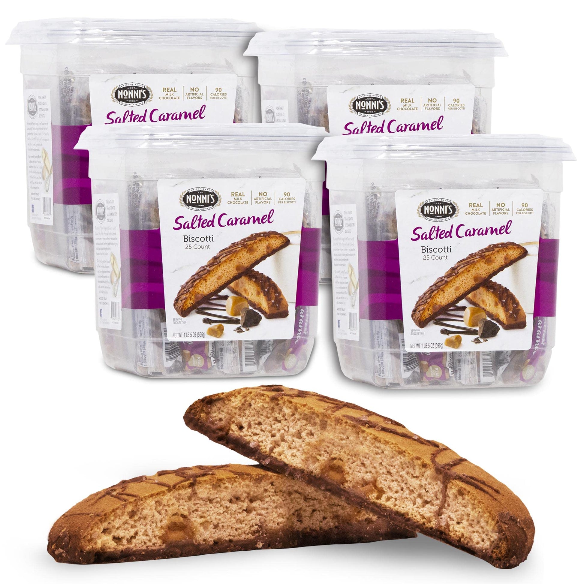 Nonni'S Salted Caramel Biscotti Italian Cookies - 4 Tubs Biscotti Individually Wrapped Cookies W/Rich Milk Chocolate & Sea Salt