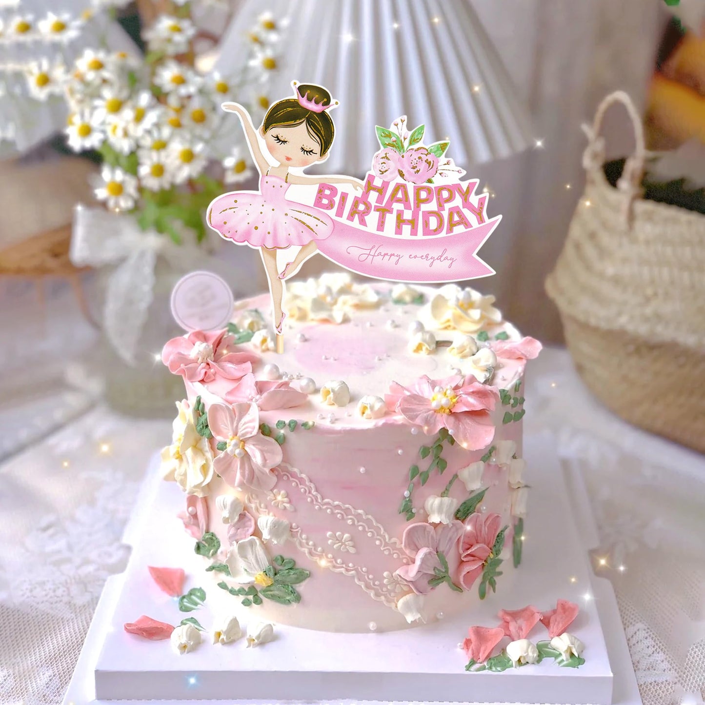 Ercadio 1 Pack Ballerina Tutu Cake Toppers Pink Ballet Girl Happy Birthday Cake Toppers Ballet Slipper Cake Picks For Ballerina