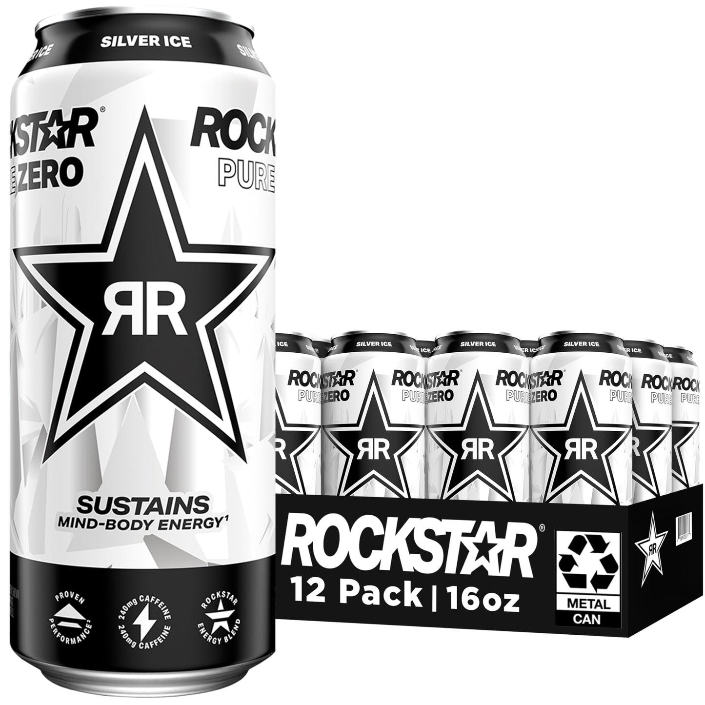 Rockstar Pure Zero Energy Drink, Silver Ice, 0 Sugar, Caffeine, 16oz Cans, Pack of 12