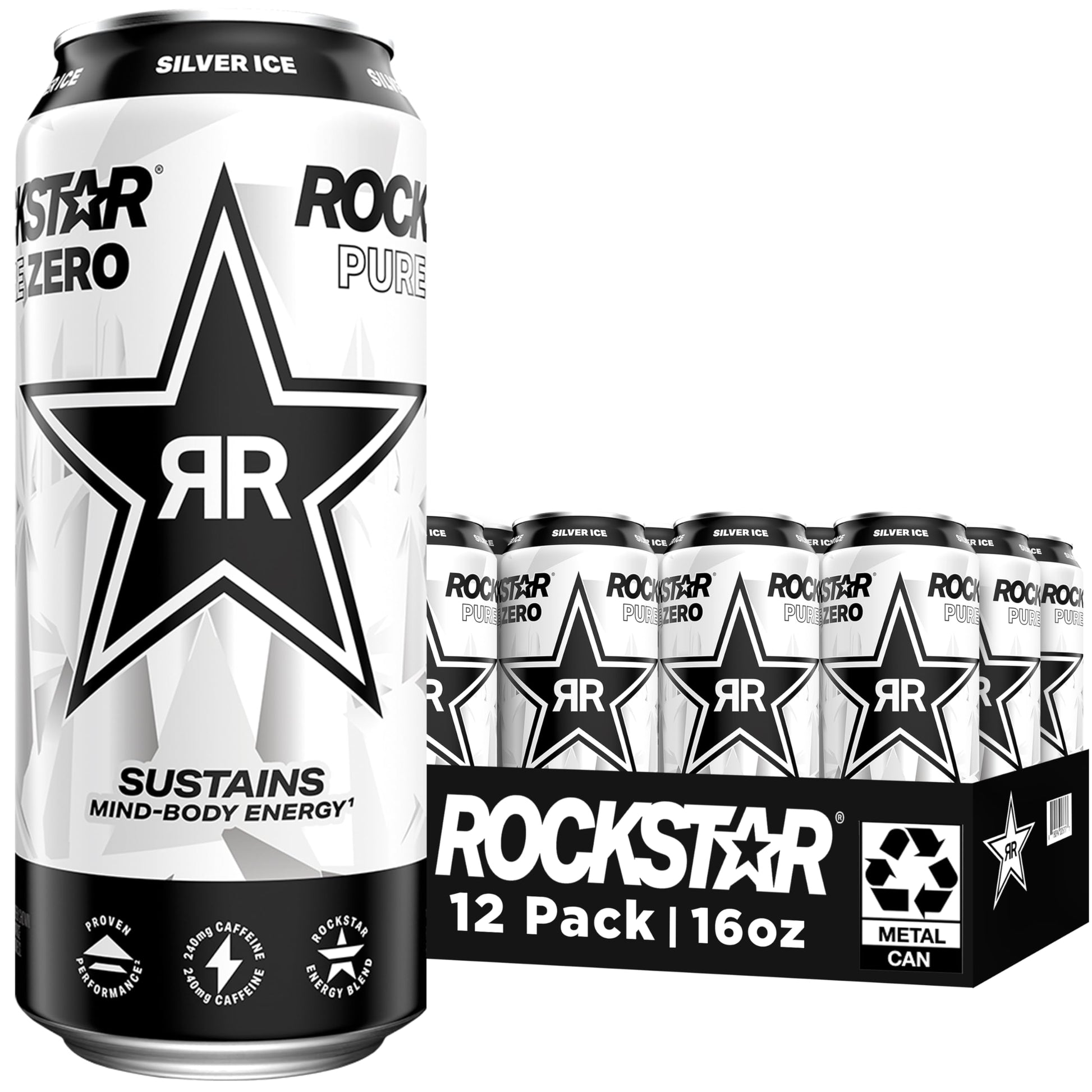 Rockstar Pure Zero Energy Drink, Silver Ice, 0 Sugar, Caffeine, 16oz Cans, Pack of 12