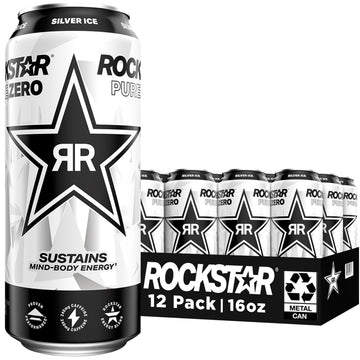 Rockstar Pure Zero Energy Drink, Silver Ice, 0 Sugar, Caffeine, 16oz Cans, Pack of 12