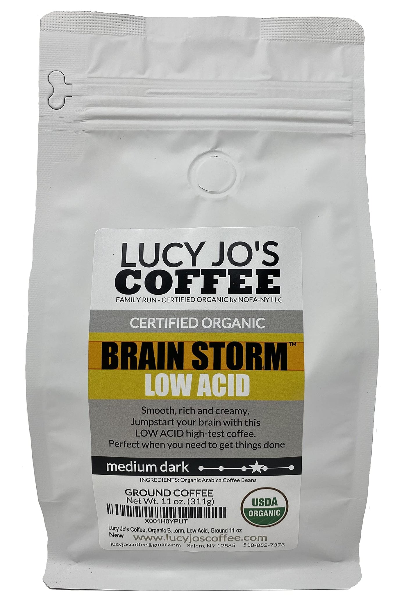 Lucy Jos Coffee Organic Brainstorm Ground Coffee, Medium Dark Roast, Low Acid, 11 oz, Silver