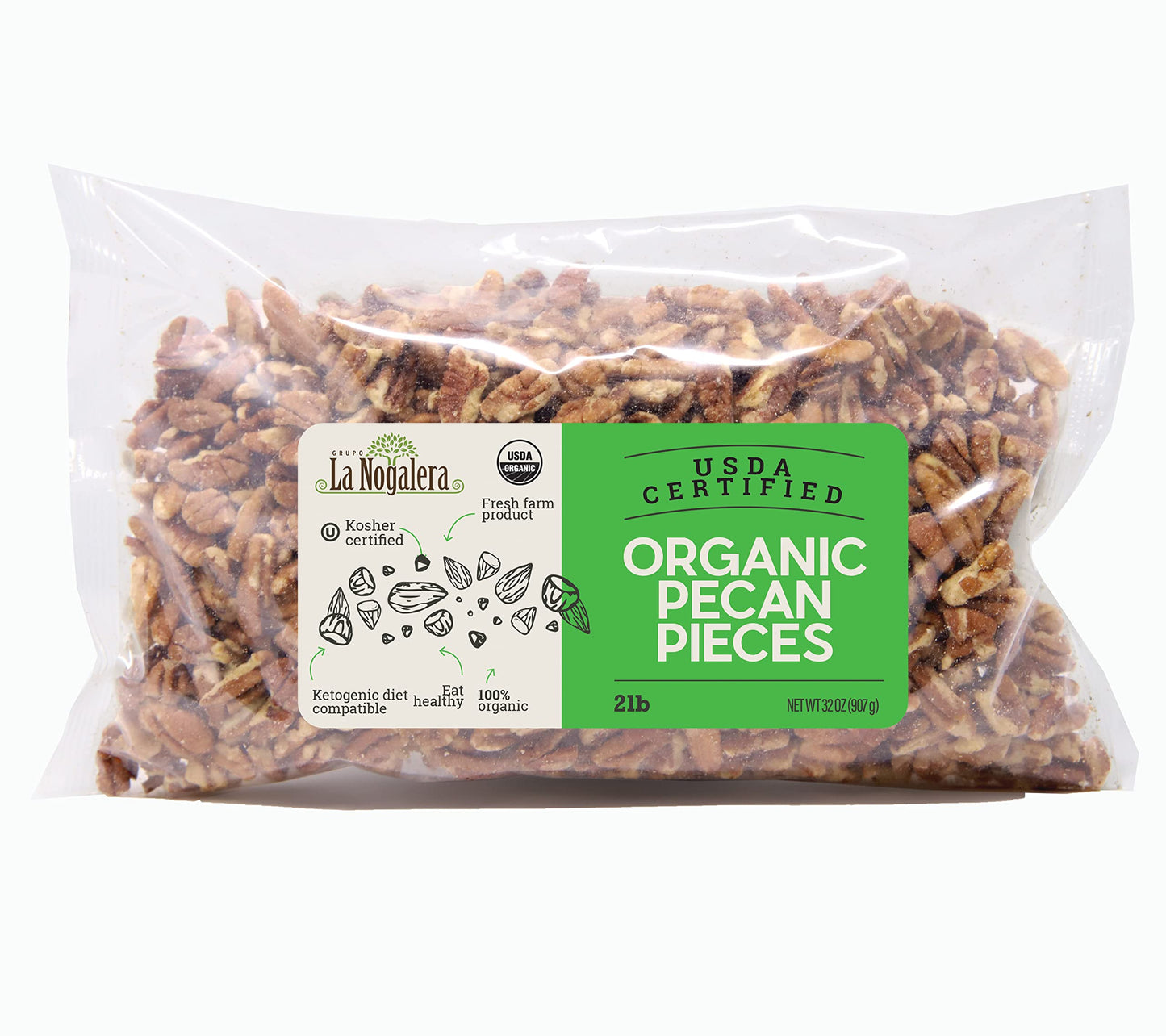 Grupo La Nogalera Organic Pecan Pieces - Chopped, Non-GMO, Kosher, Halal, 2 lb Bag