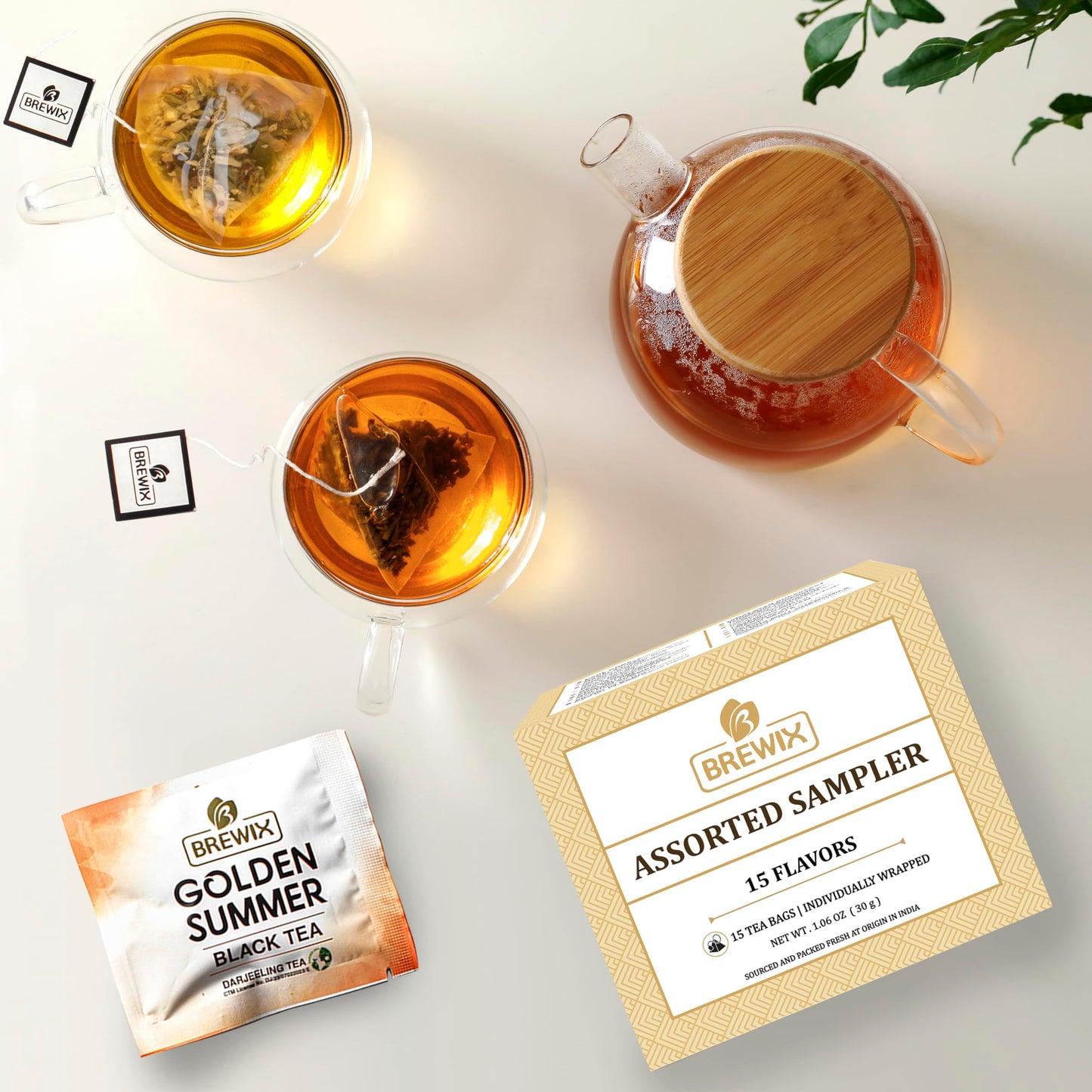 Brewix Enhanced Assorted Tea Sampler Gift Box (15 Pyramid Individually Wrapped Tea Bags) | Herbal Tea, Black Tea, Green Tea | Tea Gift Set & Variety Pack | Gifts For Women & Men, Tea Set