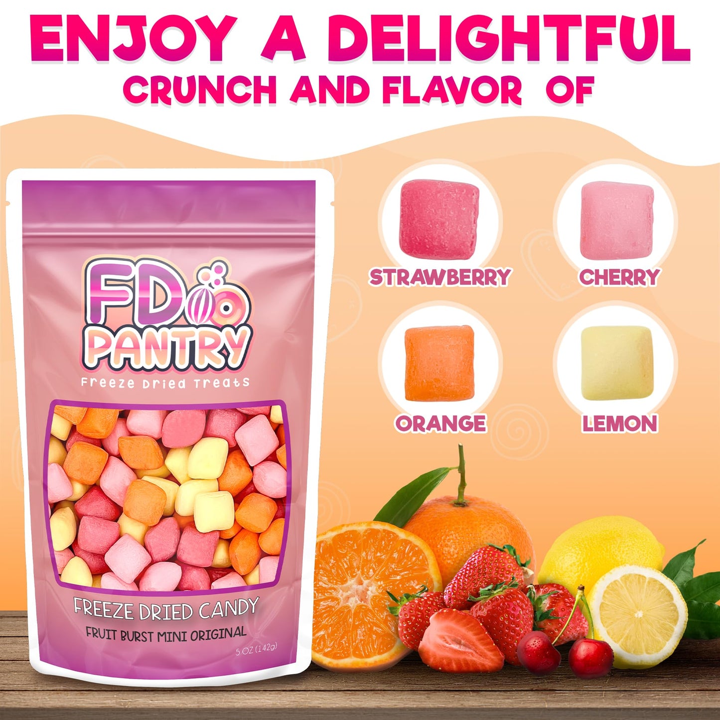 Freeze Dried Fruit Bursts Candy - Mini Original Hard Candy Mix 5Oz Treat Snack Gift Bag Cherry, Strawberry, Lemon, Orange Candie