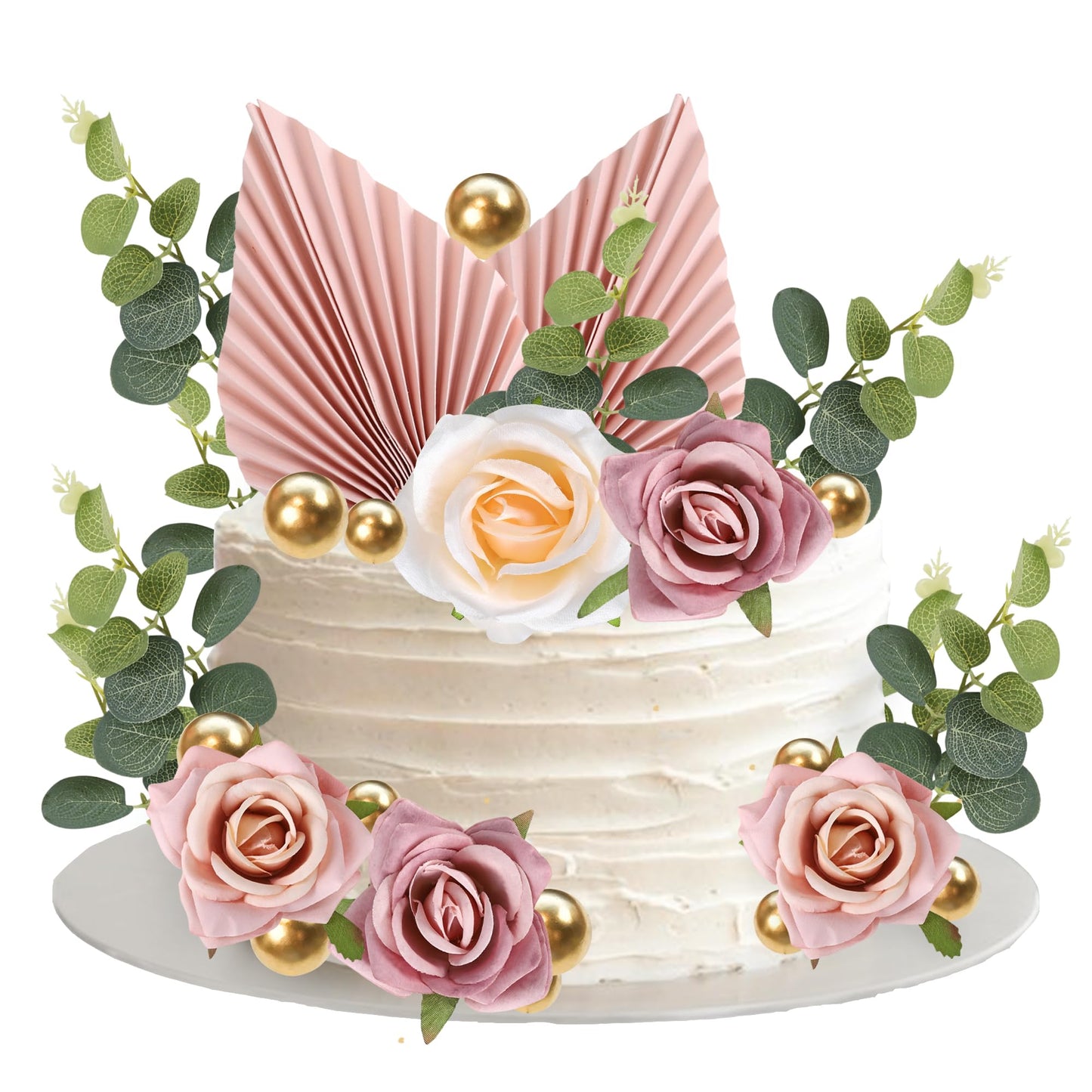Rsstarxi 22 Pack Rose Artificial Flower Leaves Cake Decorations Gold Balloon Paper Palm Fan Cake Toppers For Happy Mother S Day Diy Wedding Bithday Valentine S Day Party Cake Decorations Supplie