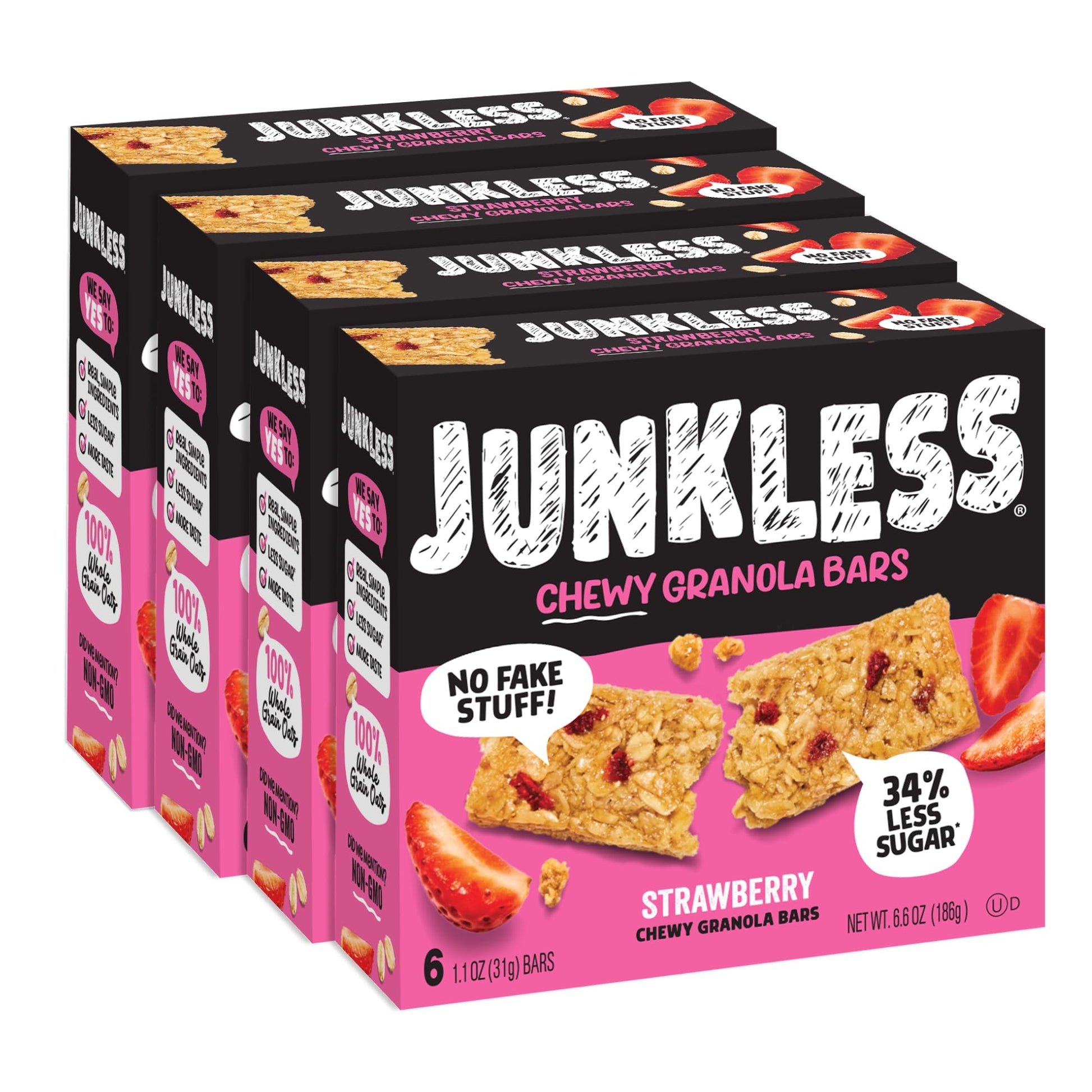 Junkless Strawberry Chewy Granola Bars - 100% Real Strawberries - Less Sugar, Great Tasting, Wholesome Snacks - Bulk Granola Bar