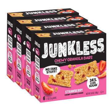 Junkless Strawberry Chewy Granola Bars - 100% Real Strawberries - Less Sugar, Great Tasting, Wholesome Snacks - Bulk Granola Bar